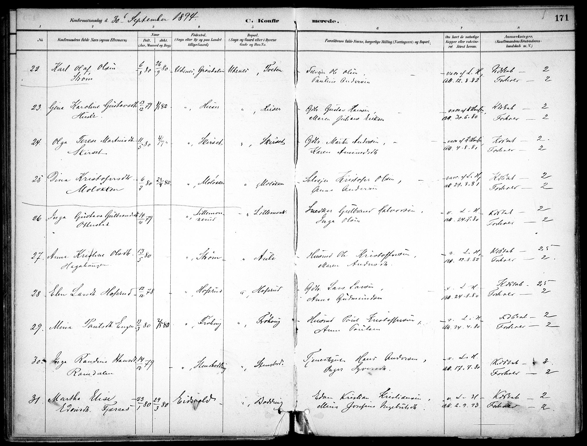 Nes prestekontor Kirkebøker, AV/SAO-A-10410/F/Fc/L0002: Parish register (official) no. IIi 2, 1882-1916, p. 171