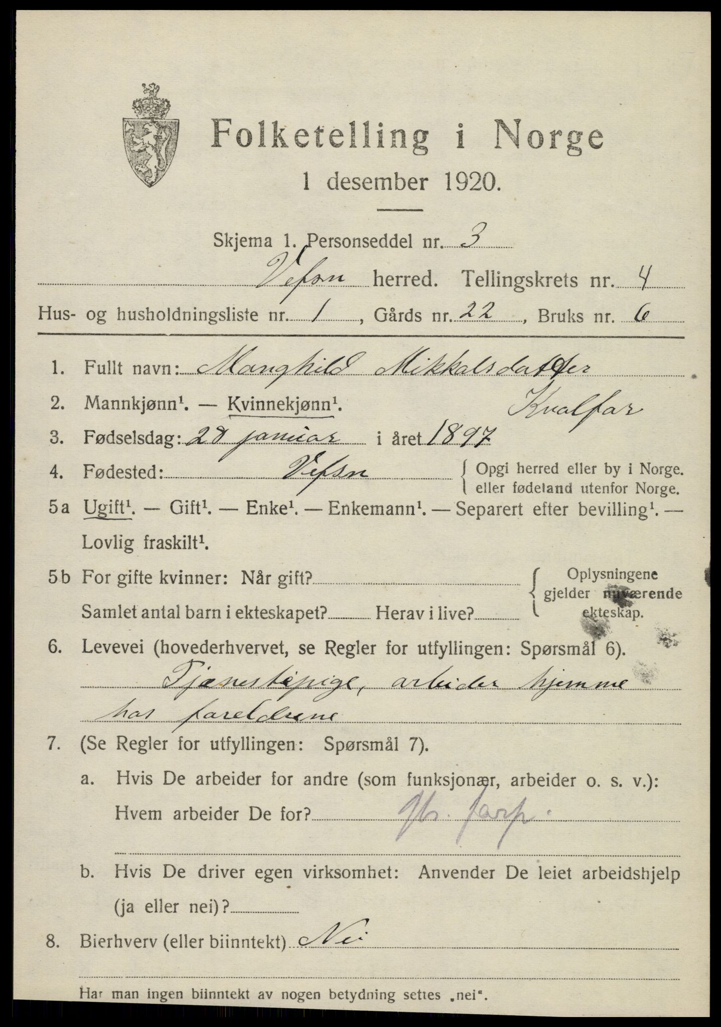 SAT, 1920 census for Vefsn, 1920, p. 2841