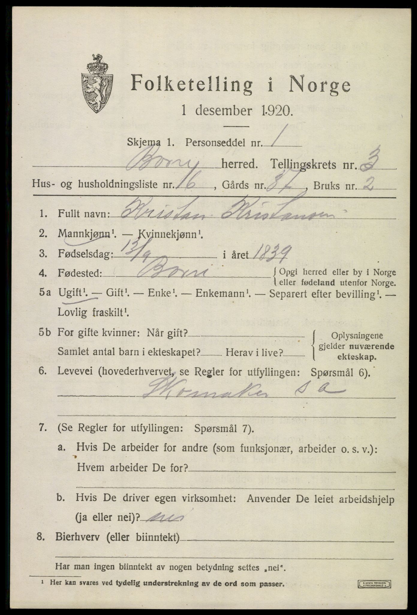 SAKO, 1920 census for Borre, 1920, p. 6216