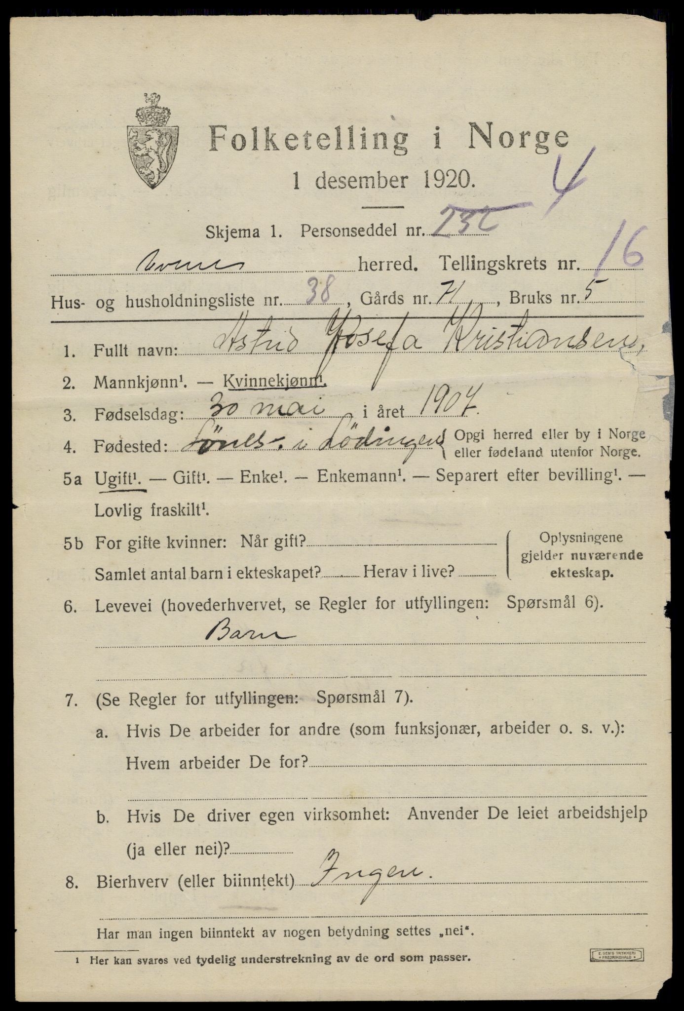 SAT, 1920 census for Evenes, 1920, p. 13646