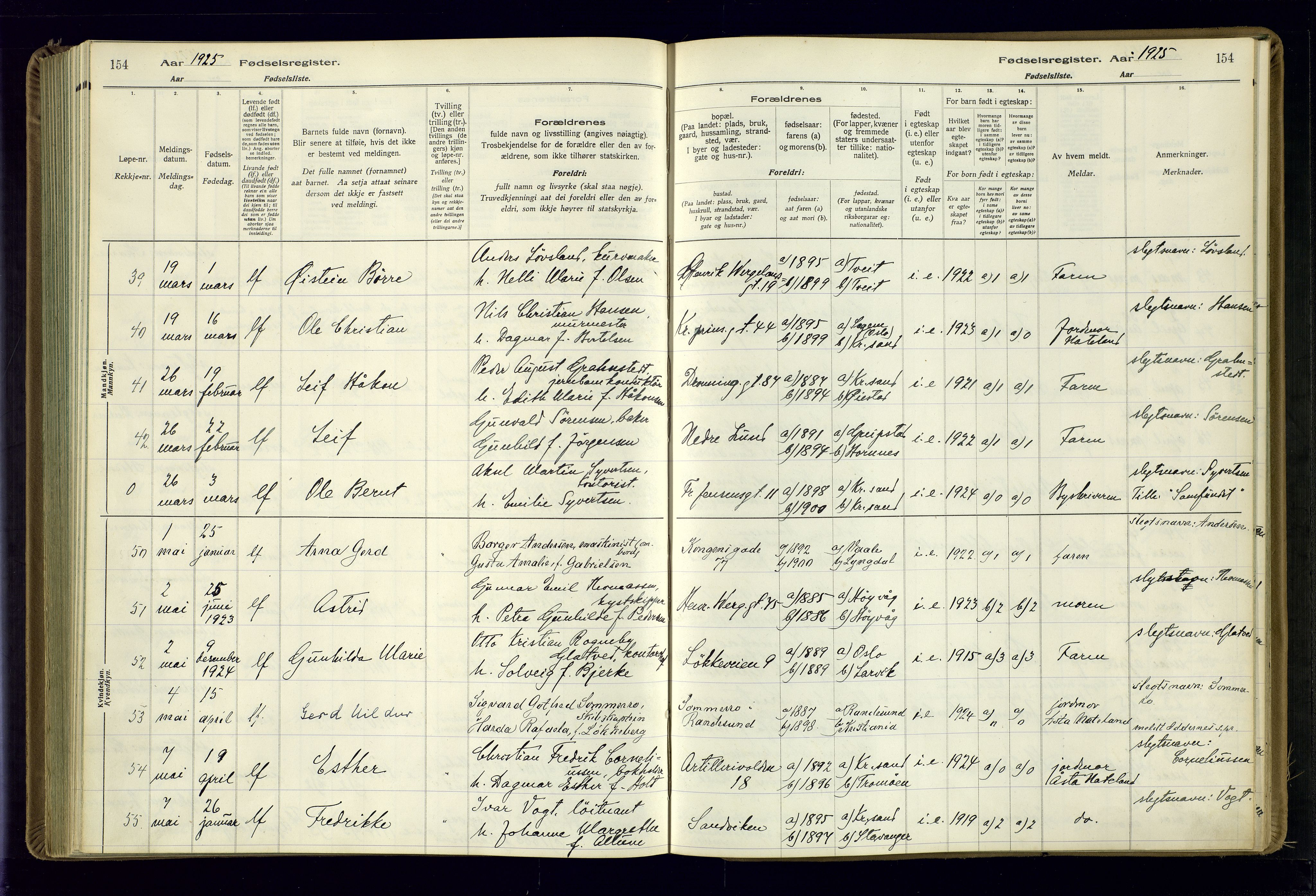 Kristiansand domprosti, AV/SAK-1112-0006/J/Jc/L0002: Birth register no. A-VI-46, 1921-1926, p. 154