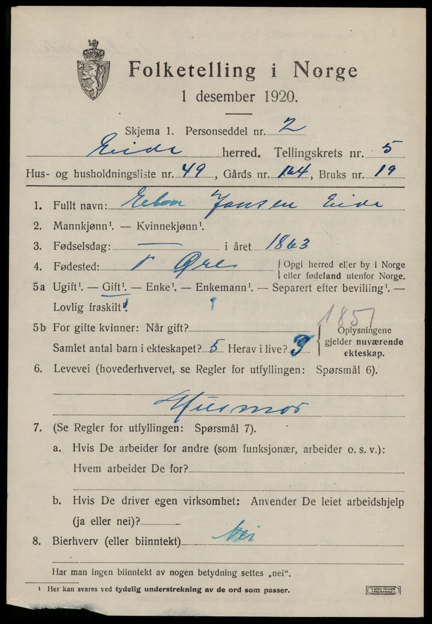 SAT, 1920 census for Eid (MR), 1920, p. 2822