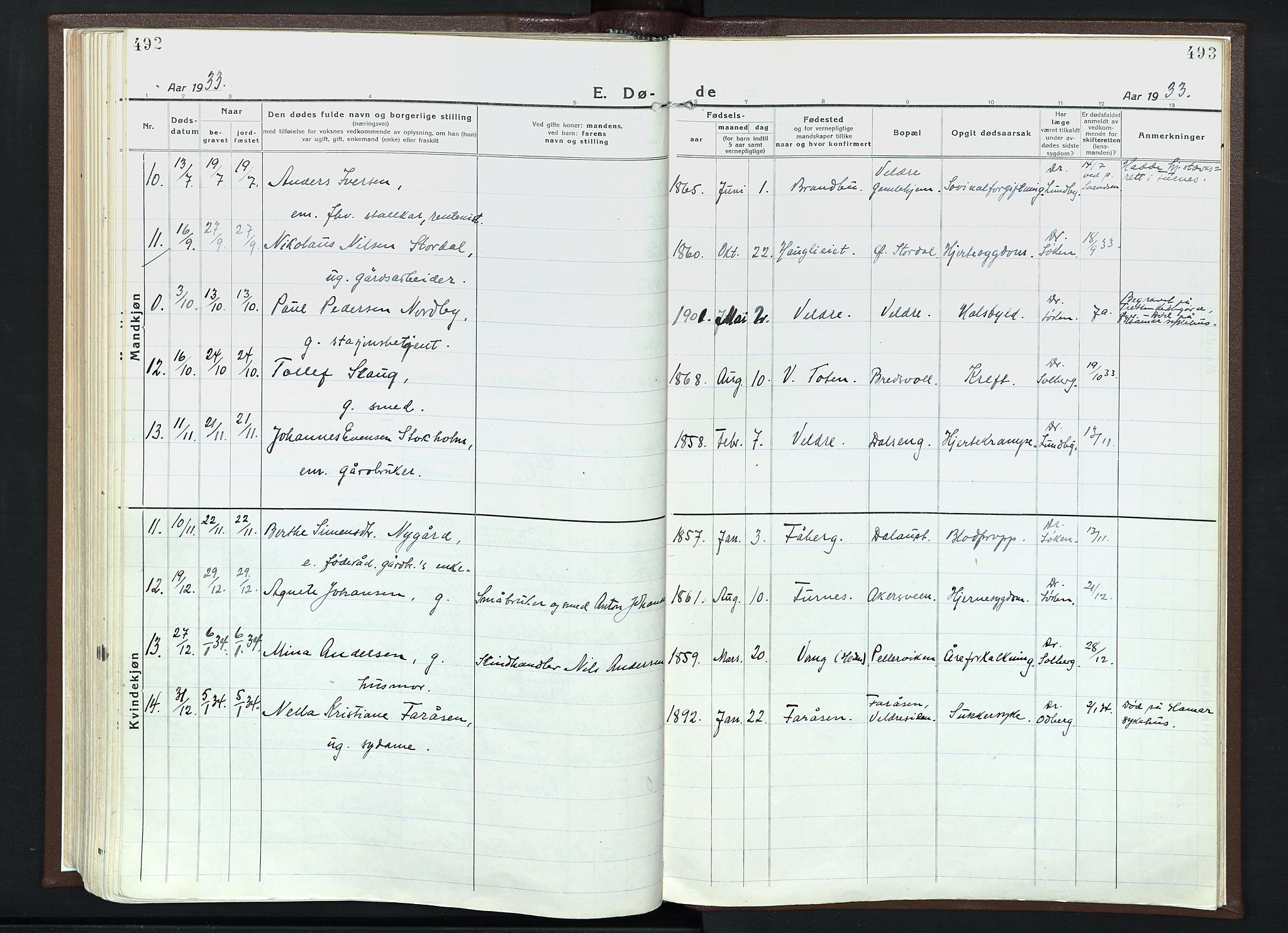Veldre prestekontor, SAH/PREST-018/K/Ka/L0001: Parish register (official) no. 1, 1921-1934, p. 492-493