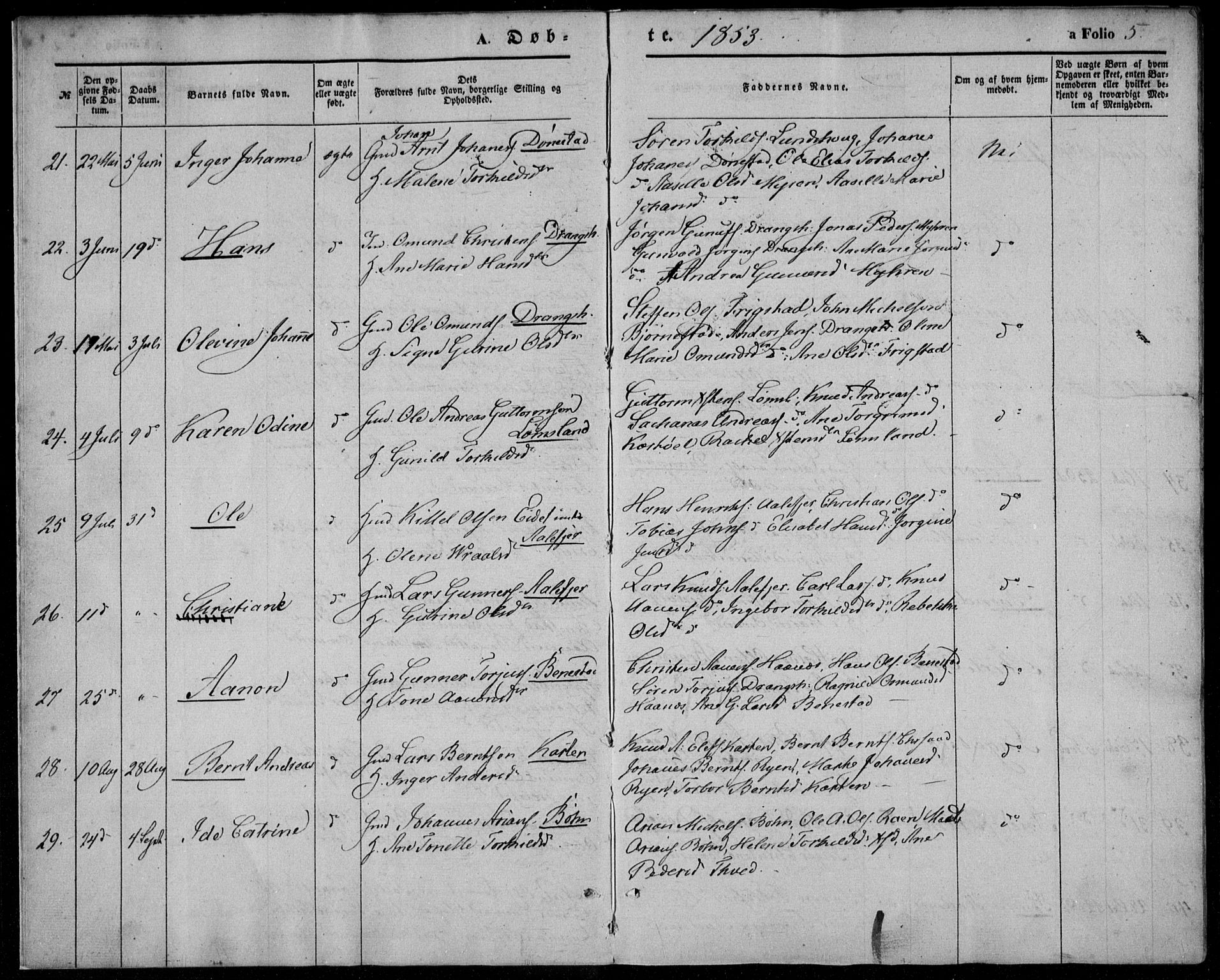 Tveit sokneprestkontor, SAK/1111-0043/F/Fa/L0005: Parish register (official) no. A 5, 1853-1871, p. 5