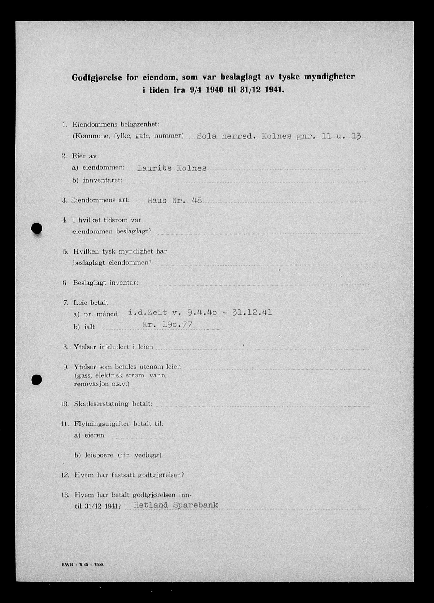 Justisdepartementet, Tilbakeføringskontoret for inndratte formuer, AV/RA-S-1564/I/L1014: Godtgjørelse for beslaglagt eiendom, 1940-1941, p. 446