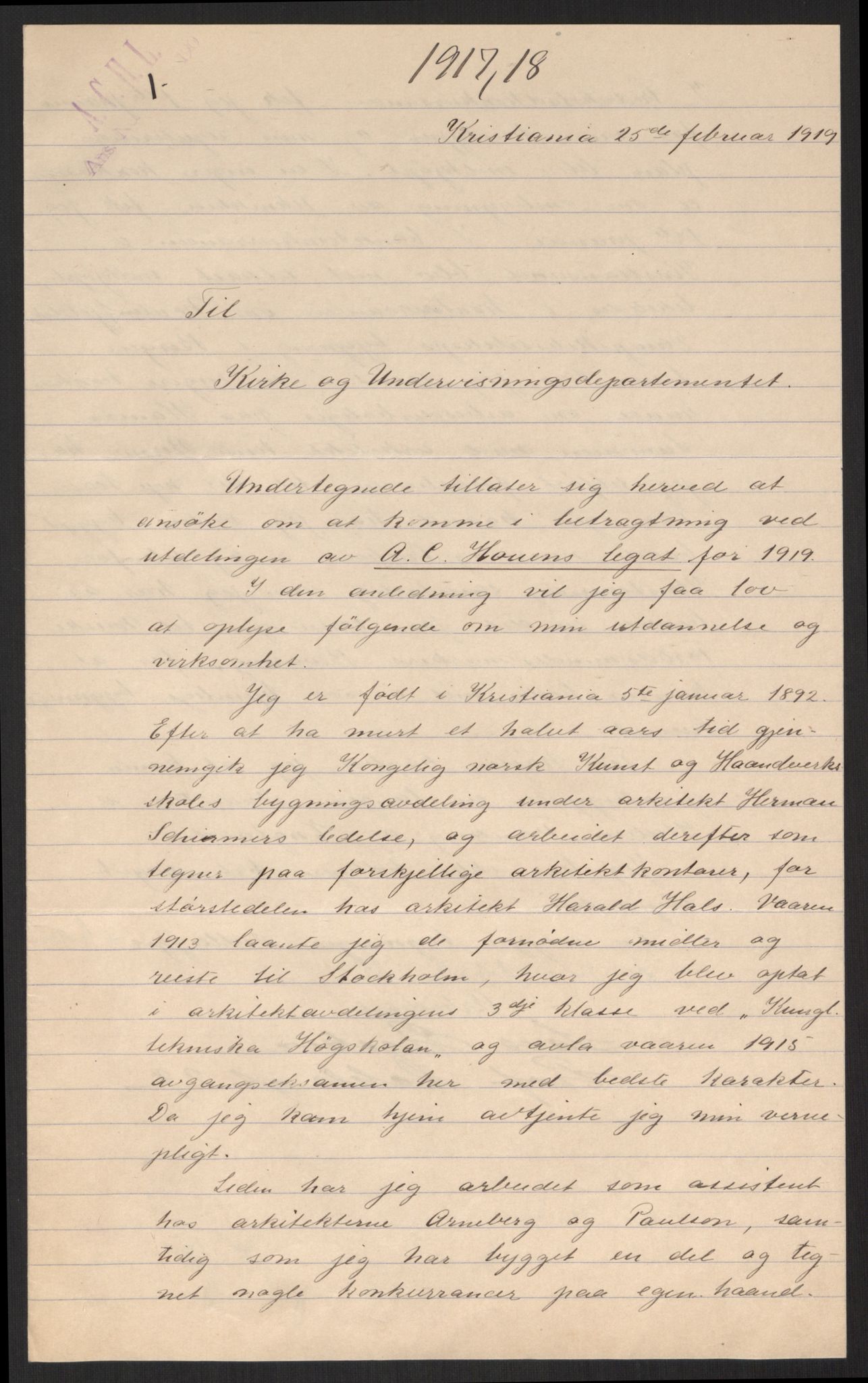 Kirke- og undervisningsdepartementet, 1. skolekontor D, AV/RA-S-1021/E/Ed/L0317: A.C. Houens legat for kunstnere, forfattere, arkitekter og vitenskapsmenn, 1919