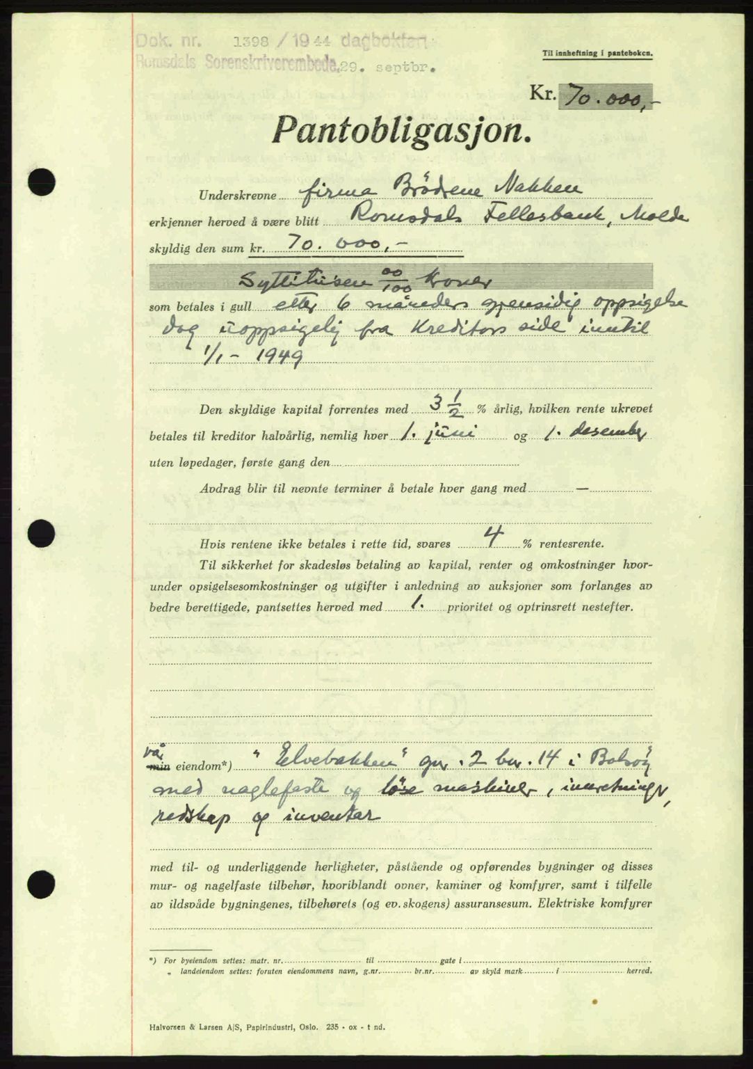 Romsdal sorenskriveri, AV/SAT-A-4149/1/2/2C: Mortgage book no. B2, 1939-1945, Diary no: : 1398/1944