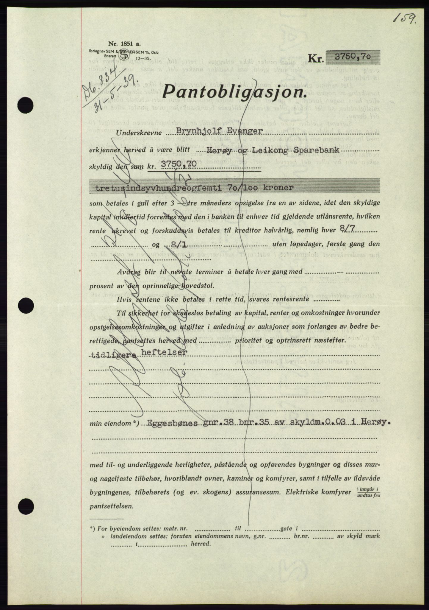 Søre Sunnmøre sorenskriveri, AV/SAT-A-4122/1/2/2C/L0068: Mortgage book no. 62, 1939-1939, Diary no: : 834/1939