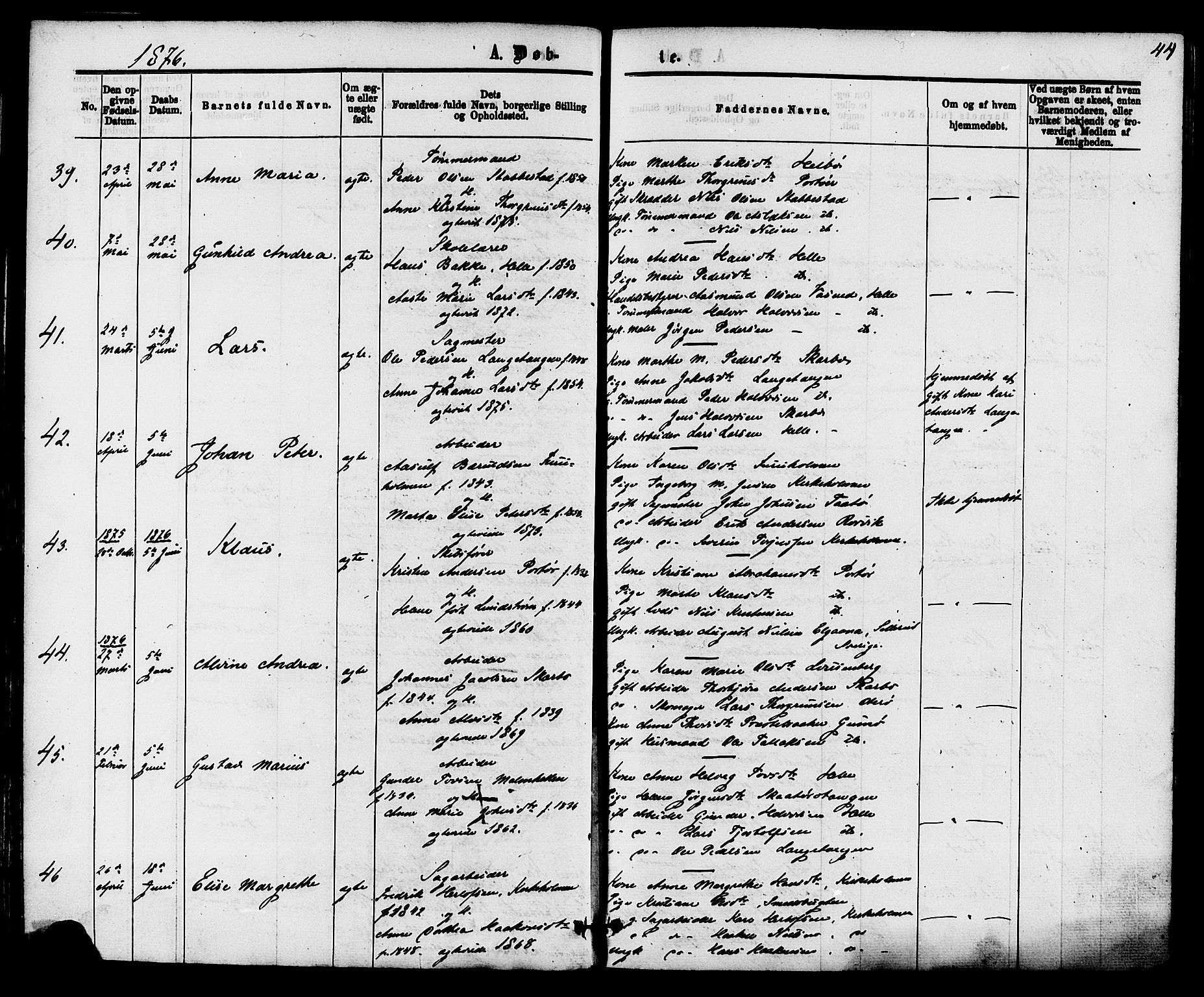 Skåtøy kirkebøker, AV/SAKO-A-304/F/Fa/L0001: Parish register (official) no. I 1, 1874-1883, p. 44