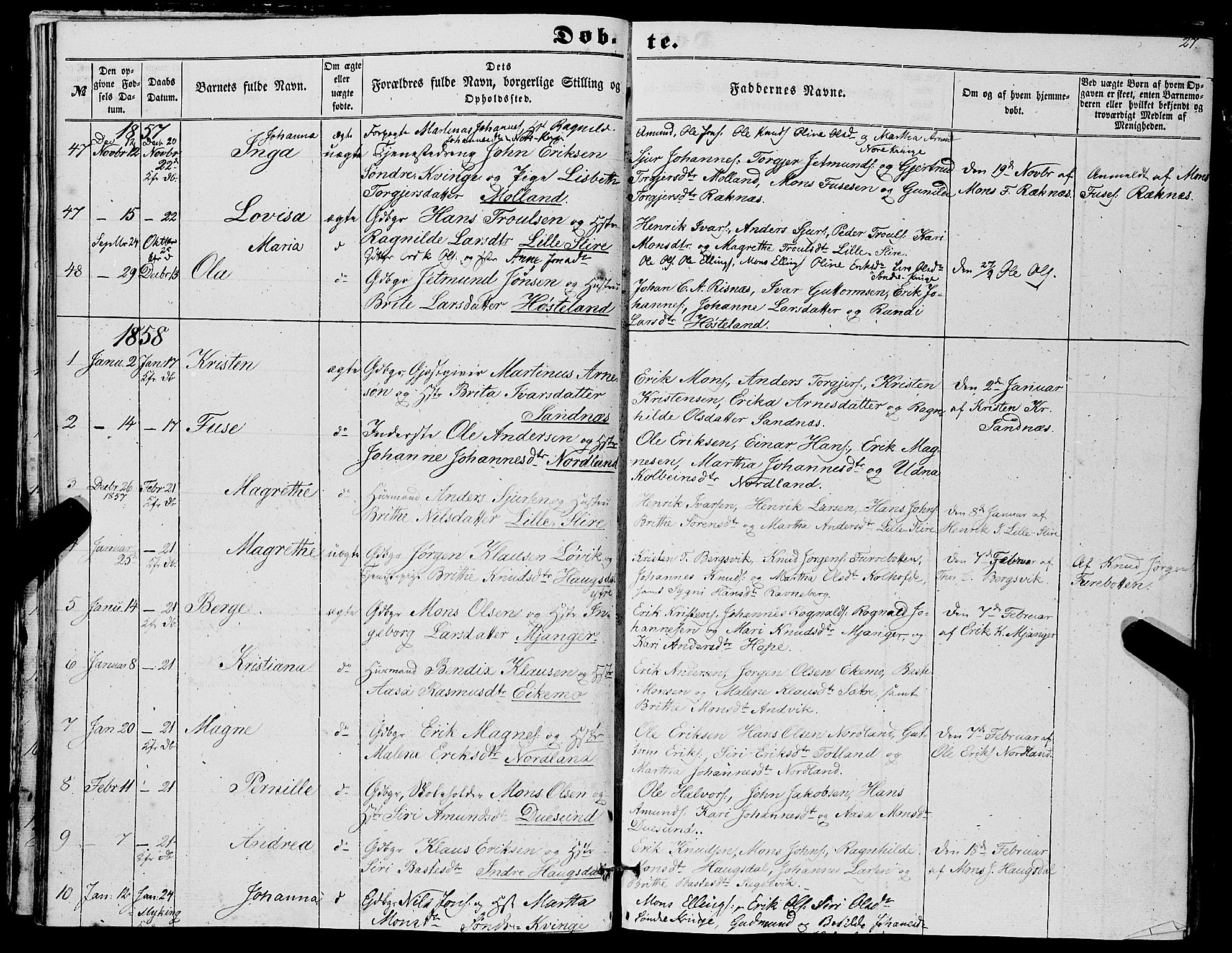 Masfjorden Sokneprestembete, SAB/A-77001: Parish register (copy) no. A 1, 1851-1875, p. 27