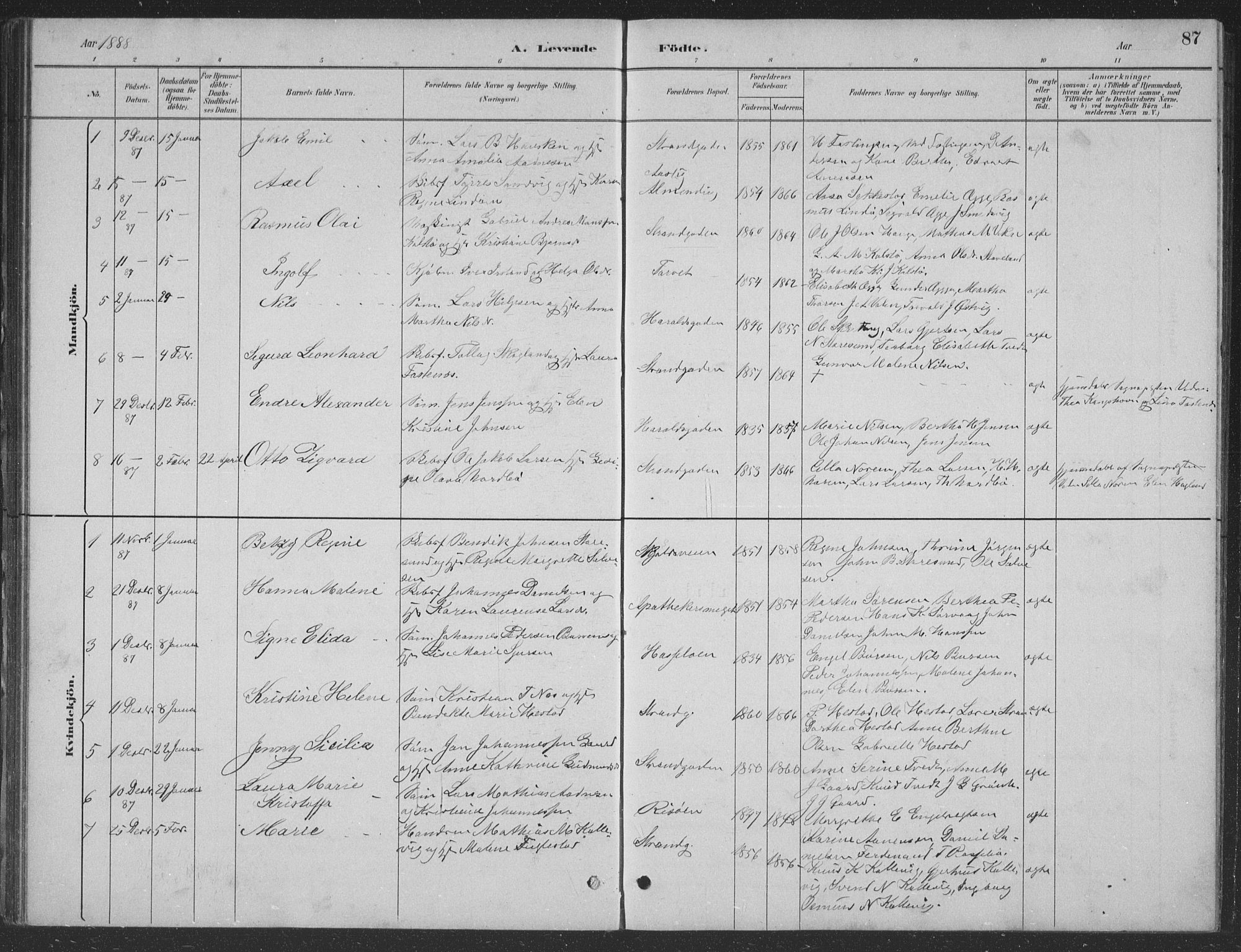 Haugesund sokneprestkontor, SAST/A -101863/H/Ha/Hab/L0002: Parish register (copy) no. B 2, 1881-1894, p. 87