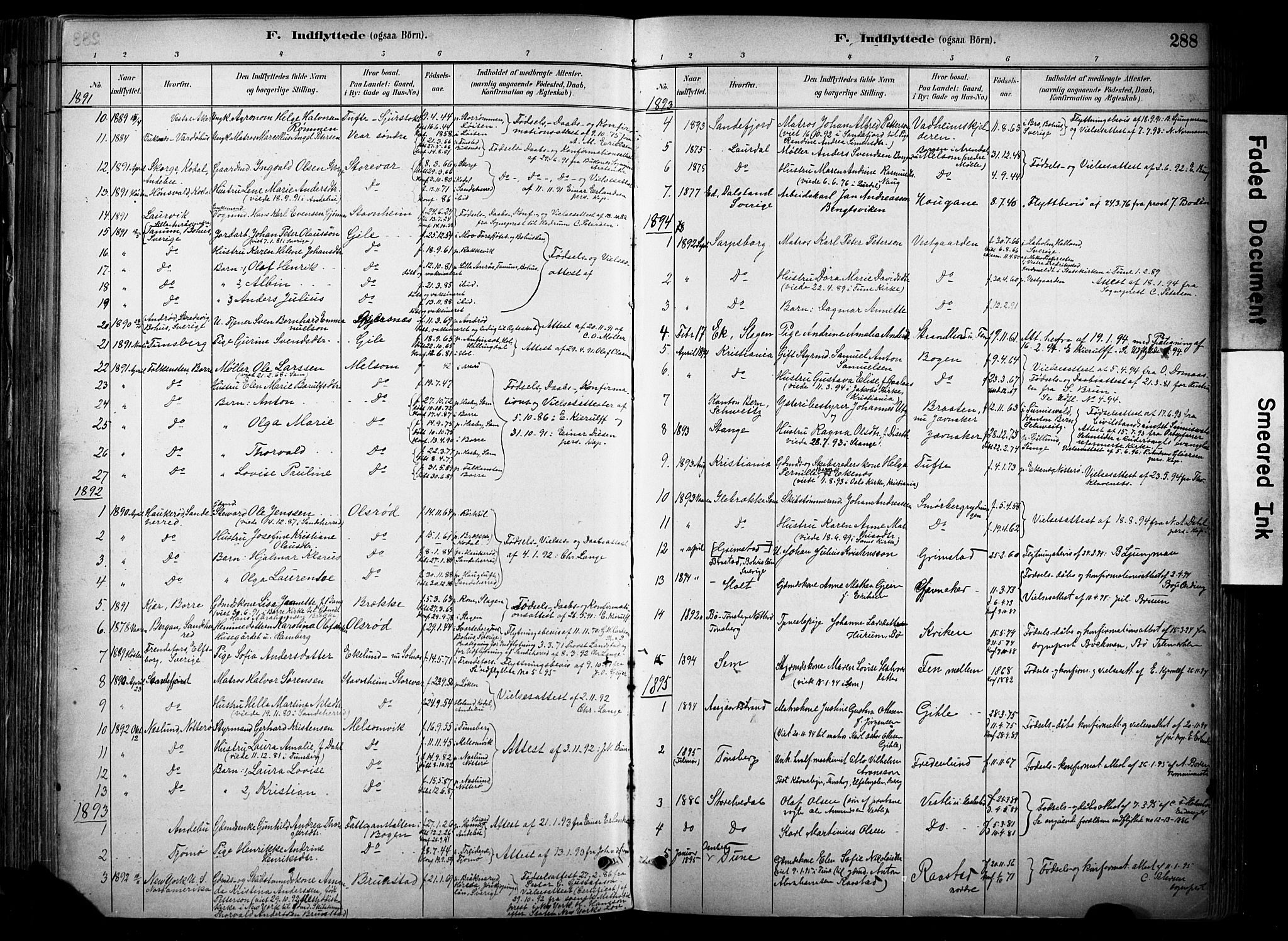 Stokke kirkebøker, SAKO/A-320/F/Fa/L0010: Parish register (official) no. I 10, 1884-1903, p. 288