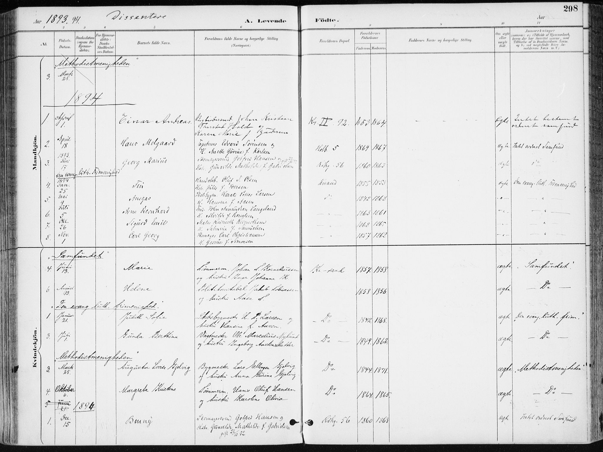Kristiansand domprosti, SAK/1112-0006/F/Fa/L0019: Parish register (official) no. A 18, 1890-1897, p. 298