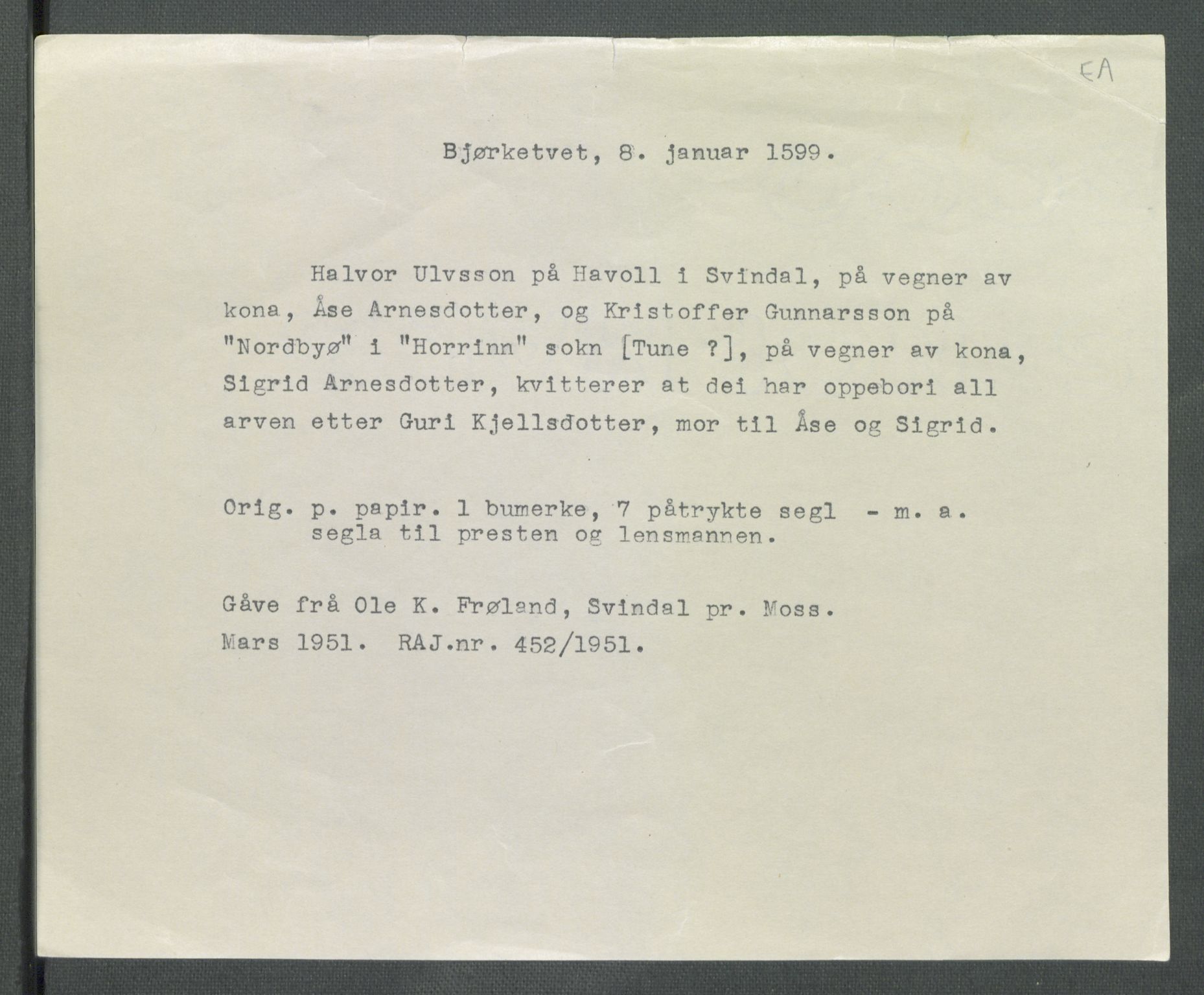 Riksarkivets diplomsamling, AV/RA-EA-5965/F02/L0107: Dokumenter, 1599, p. 7