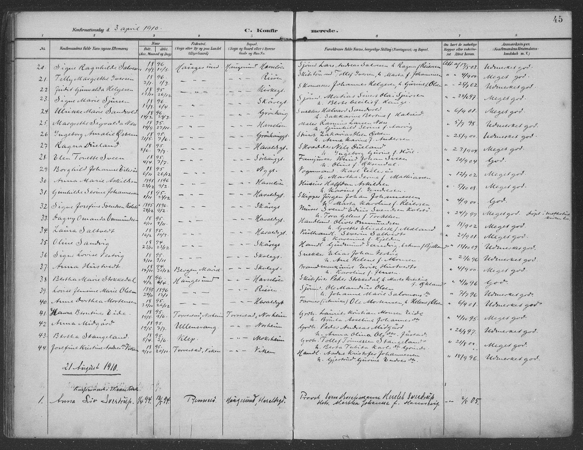 Haugesund sokneprestkontor, AV/SAST-A -101863/H/Ha/Haa/L0007: Parish register (official) no. A 7, 1904-1916, p. 45