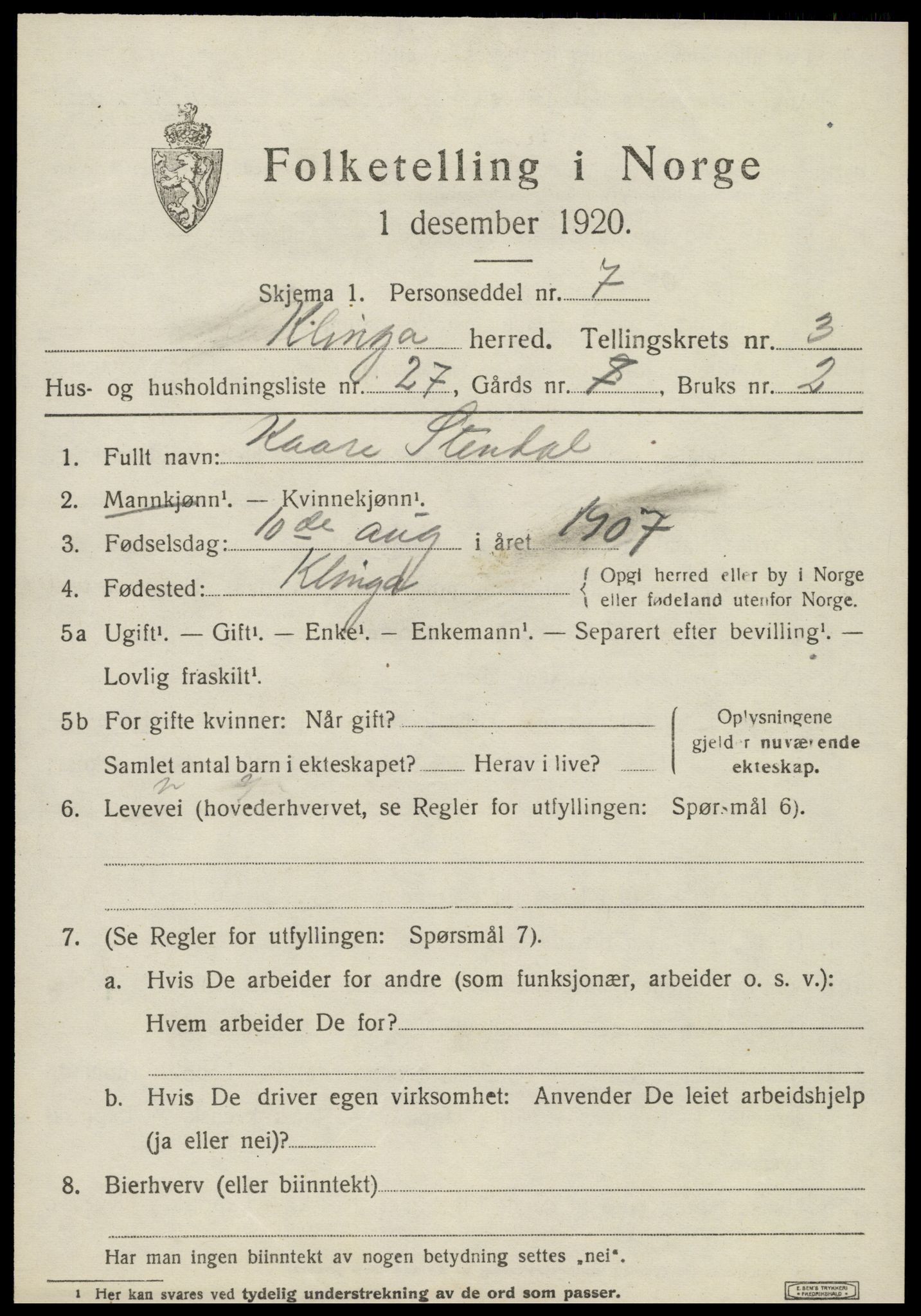 SAT, 1920 census for Klinga, 1920, p. 2399