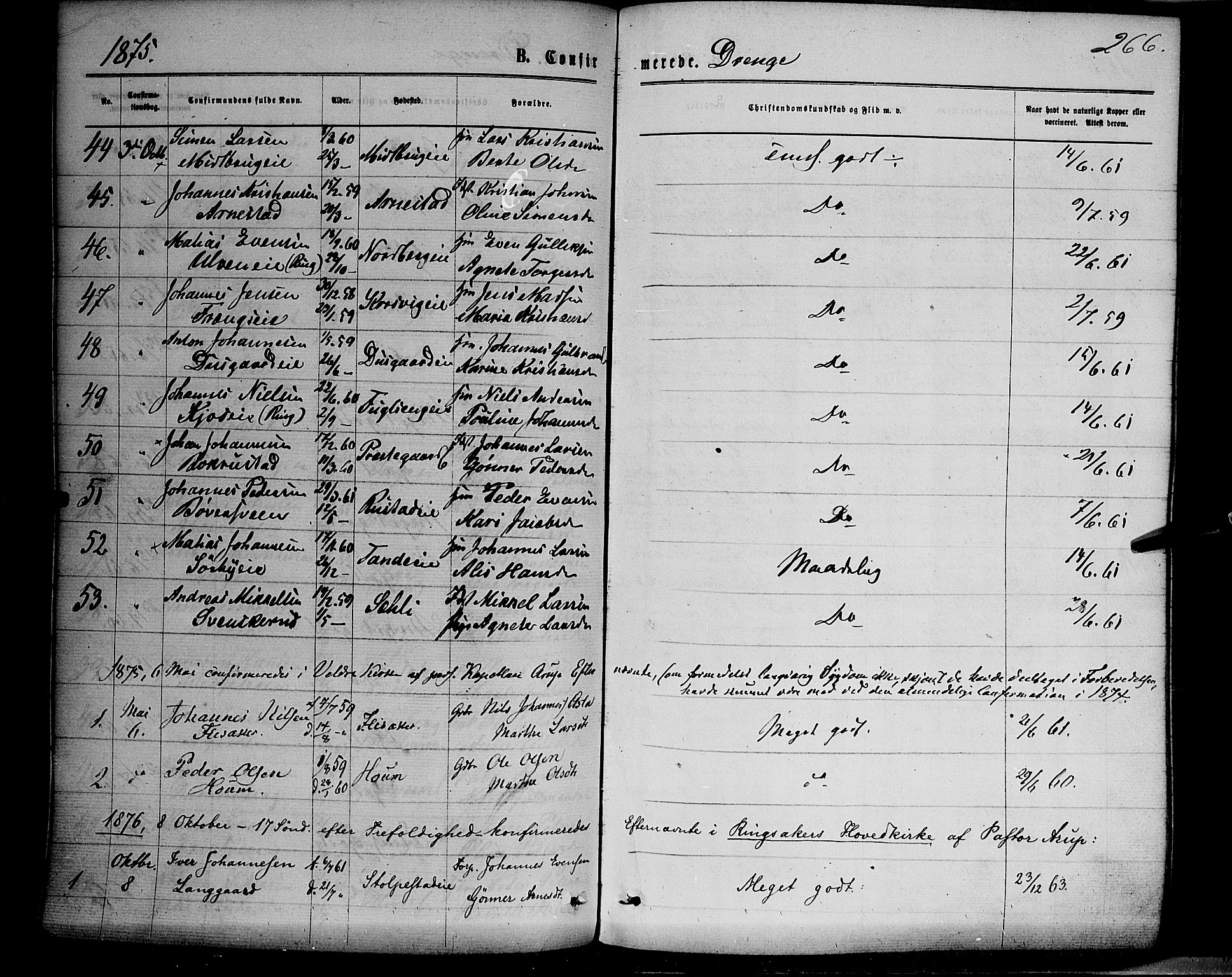 Ringsaker prestekontor, SAH/PREST-014/K/Ka/L0011: Parish register (official) no. 11, 1870-1878, p. 266
