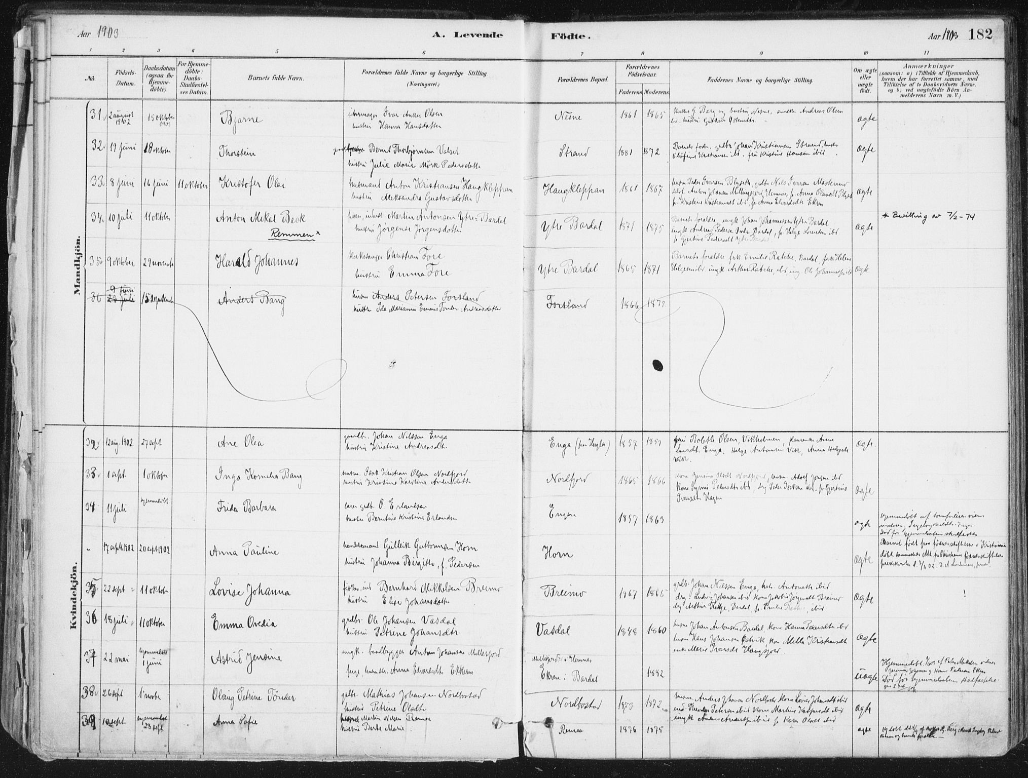 Ministerialprotokoller, klokkerbøker og fødselsregistre - Nordland, SAT/A-1459/838/L0552: Parish register (official) no. 838A10, 1880-1910, p. 182