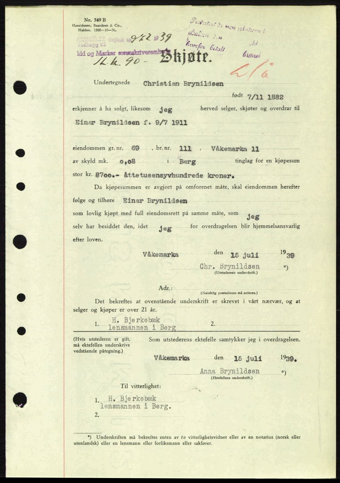 Idd og Marker sorenskriveri, AV/SAO-A-10283/G/Gb/Gbb/L0003: Mortgage book no. A3, 1938-1939, Diary no: : 972/1939