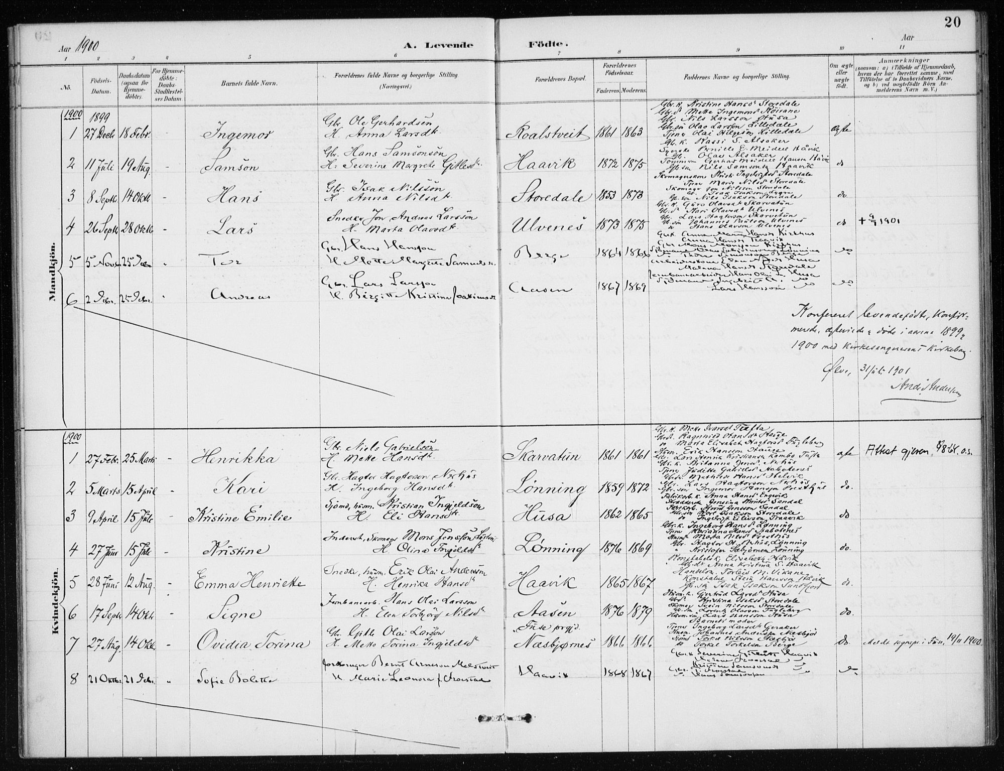 Kvinnherad sokneprestembete, SAB/A-76401/H/Haa: Parish register (official) no. E 1, 1887-1912, p. 20
