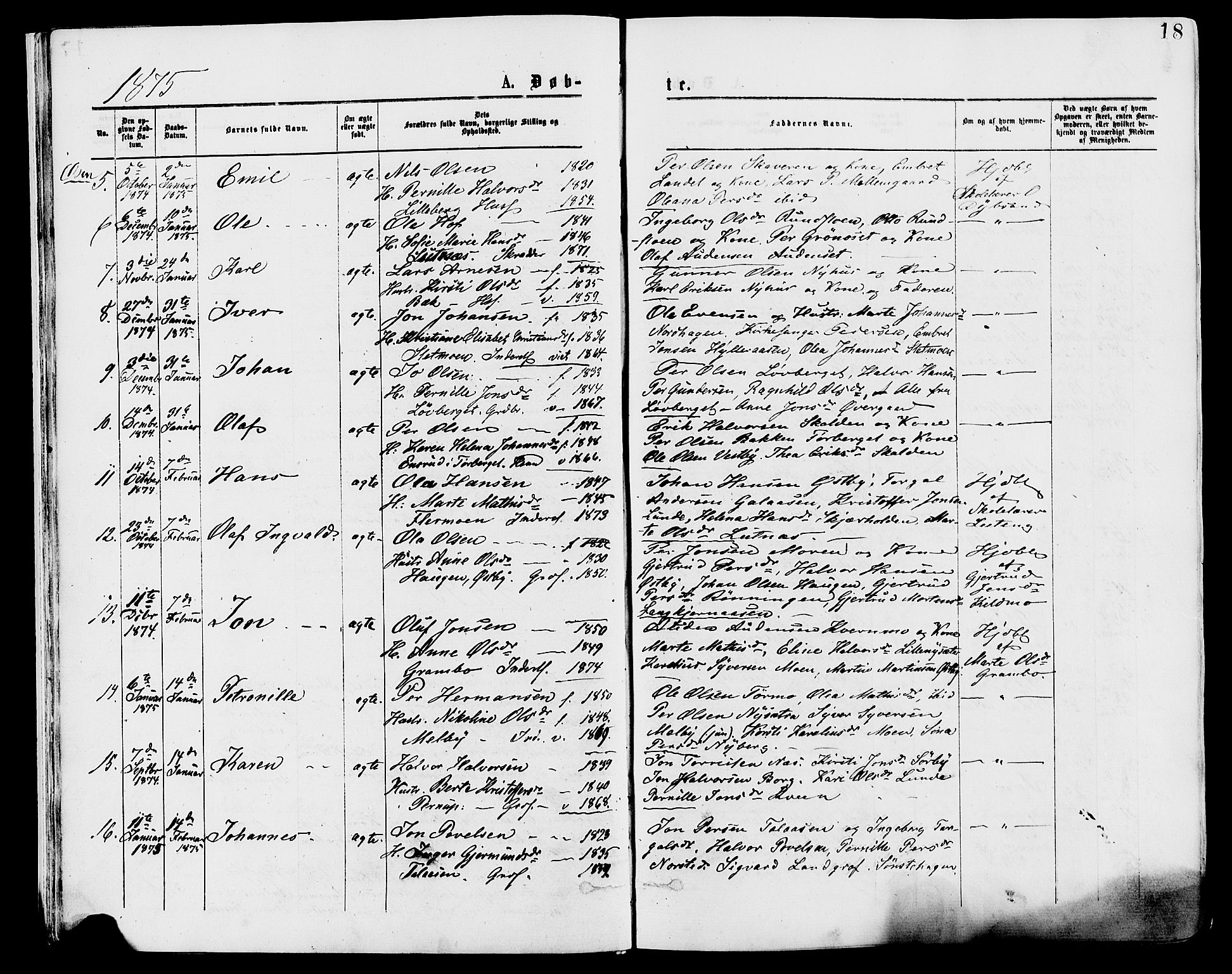 Trysil prestekontor, SAH/PREST-046/H/Ha/Haa/L0007: Parish register (official) no. 7, 1874-1880, p. 18