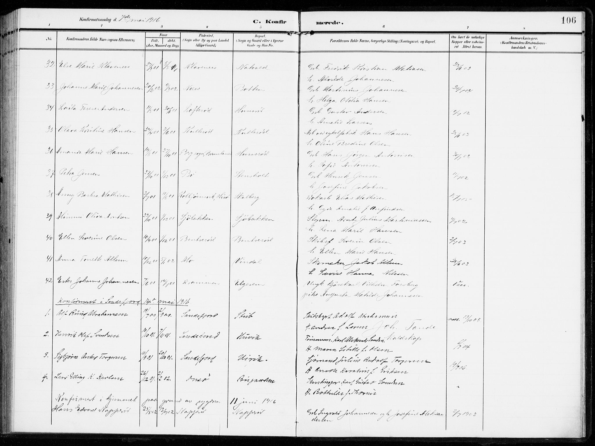 Sandar kirkebøker, SAKO/A-243/F/Fa/L0017: Parish register (official) no. 17, 1907-1917, p. 106