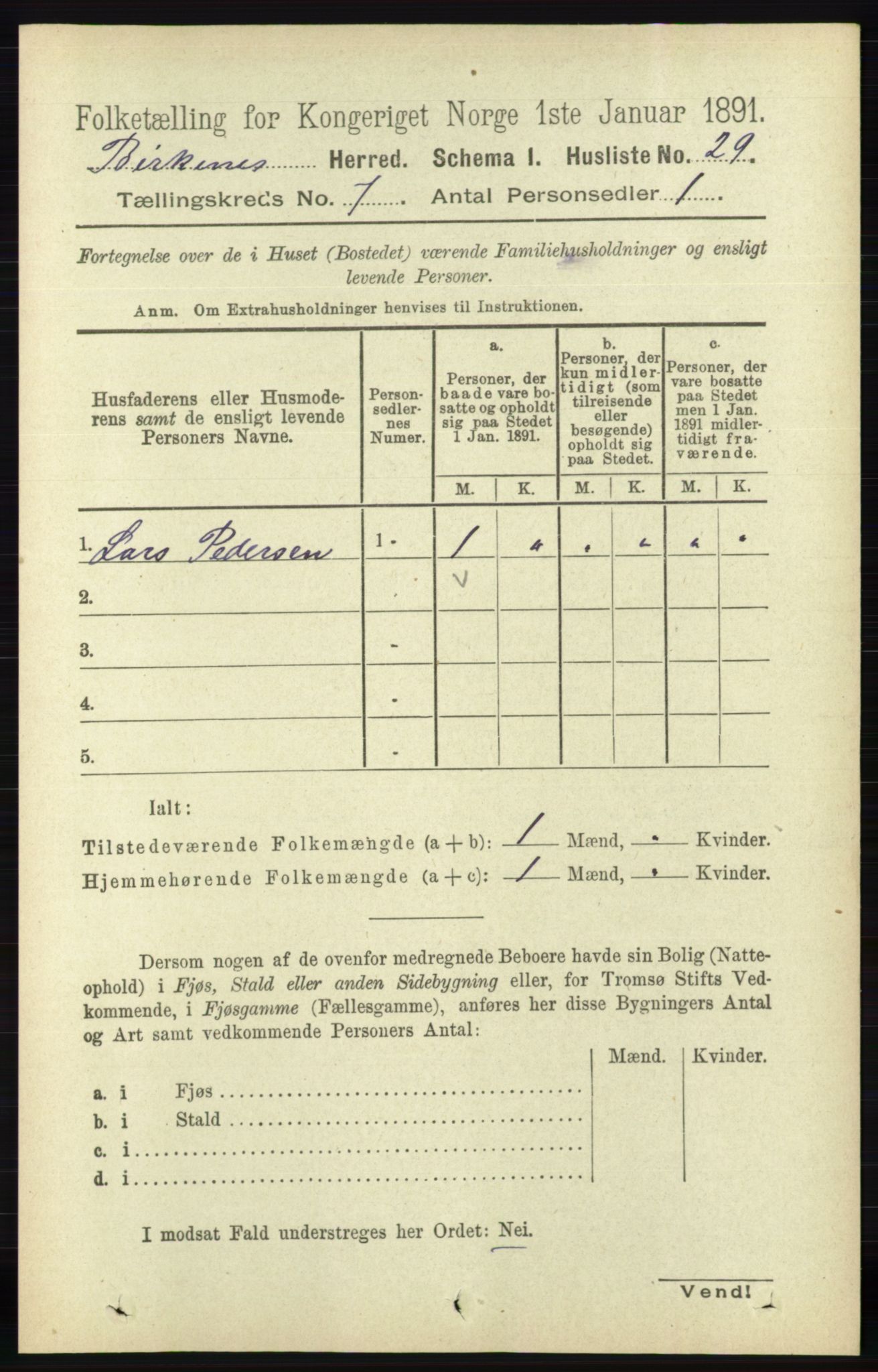 RA, 1891 Census for 0928 Birkenes, 1891, p. 1970