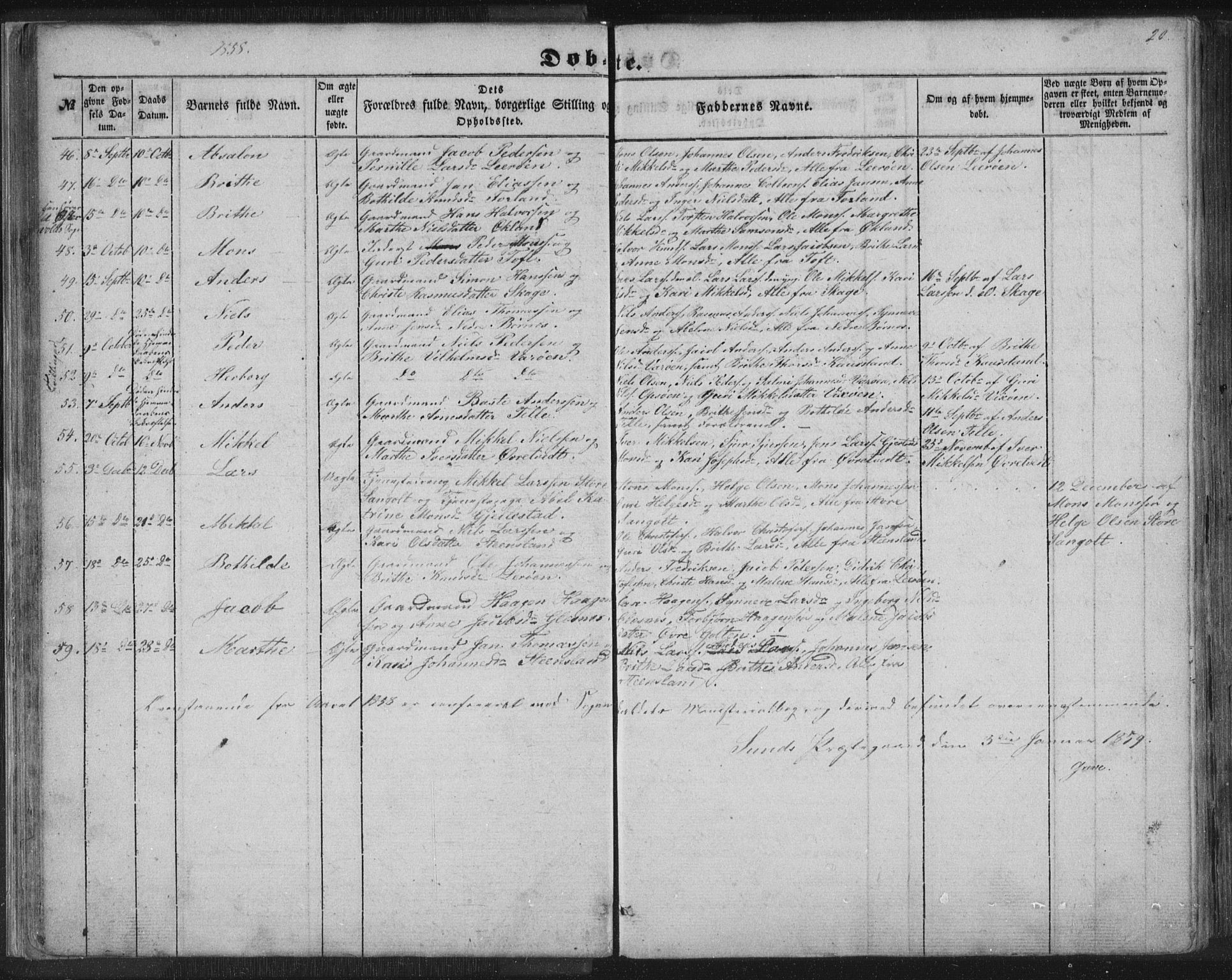 Sund sokneprestembete, SAB/A-99930: Parish register (copy) no. B 1, 1852-1873, p. 20