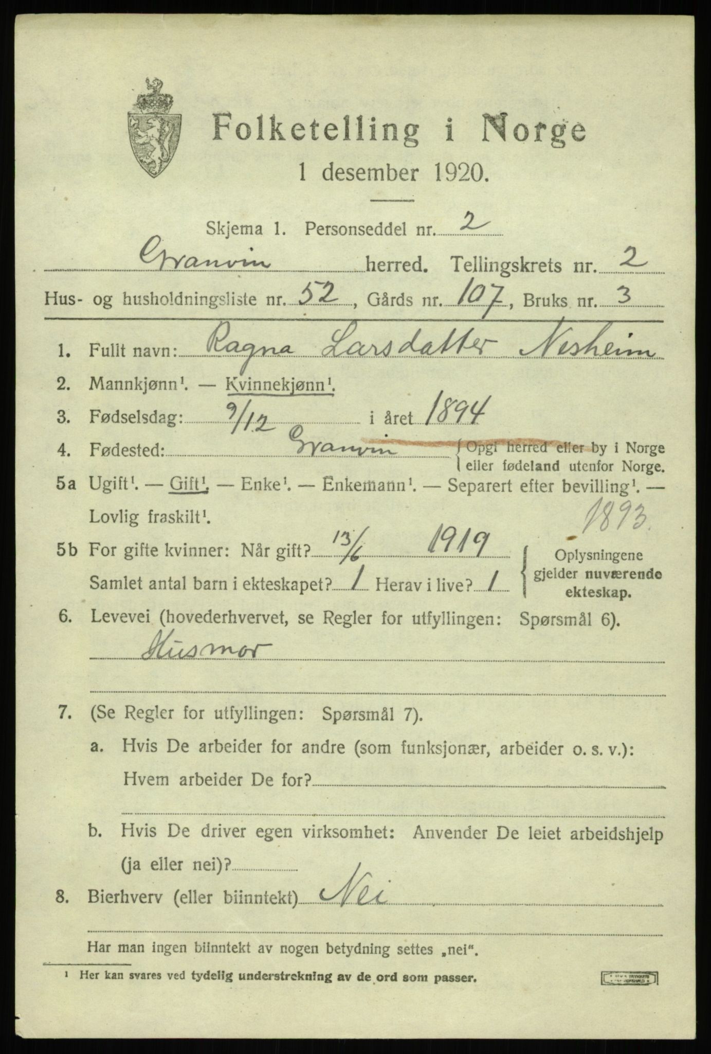 SAB, 1920 census for Granvin, 1920, p. 1162