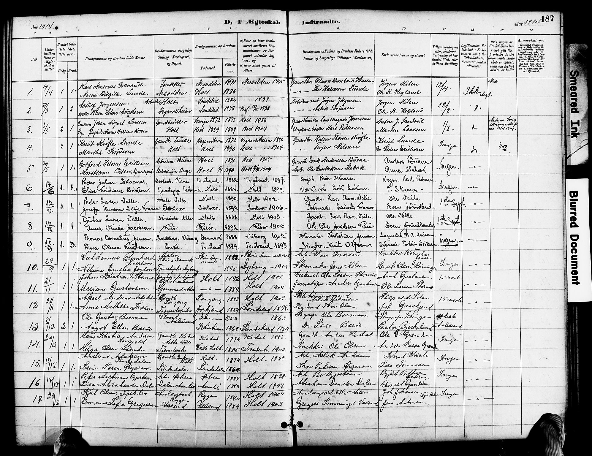 Holt sokneprestkontor, SAK/1111-0021/F/Fb/L0011: Parish register (copy) no. B 11, 1897-1921, p. 187