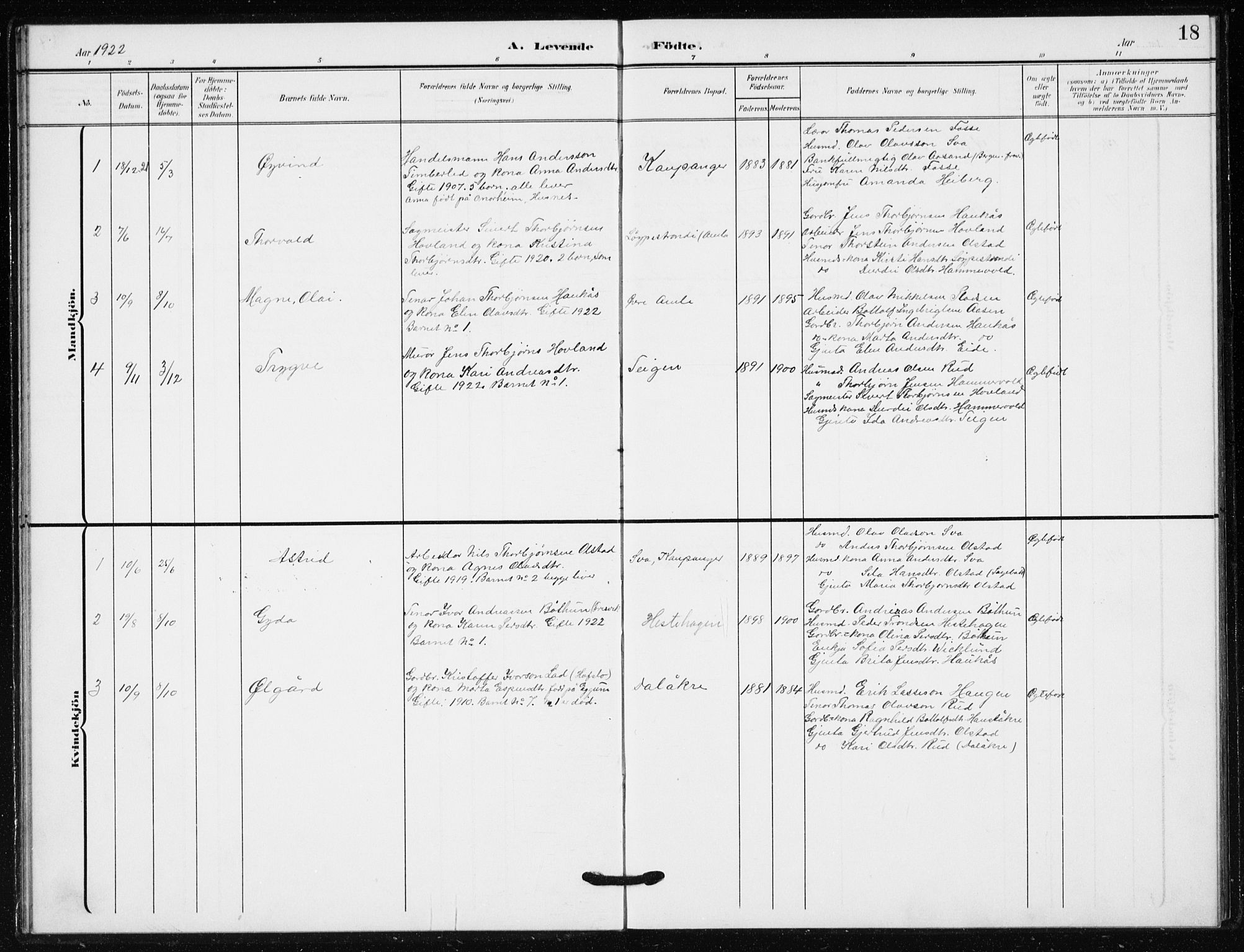 Sogndal sokneprestembete, AV/SAB-A-81301/H/Hab/Habb/L0002: Parish register (copy) no. B 2, 1908-1933, p. 18