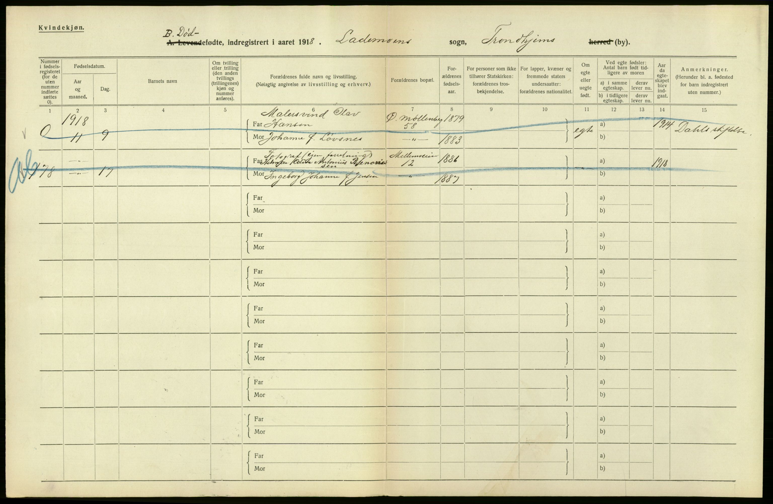 Statistisk sentralbyrå, Sosiodemografiske emner, Befolkning, AV/RA-S-2228/D/Df/Dfb/Dfbh/L0049: Trondheim: Døde, dødfødte., 1918, p. 374