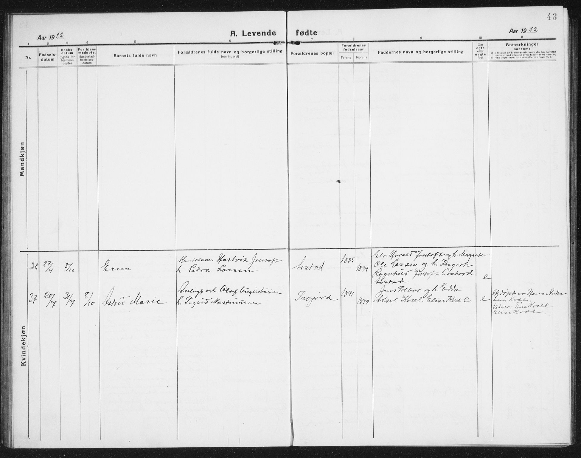 Ministerialprotokoller, klokkerbøker og fødselsregistre - Nordland, SAT/A-1459/846/L0656: Parish register (copy) no. 846C06, 1917-1936, p. 43