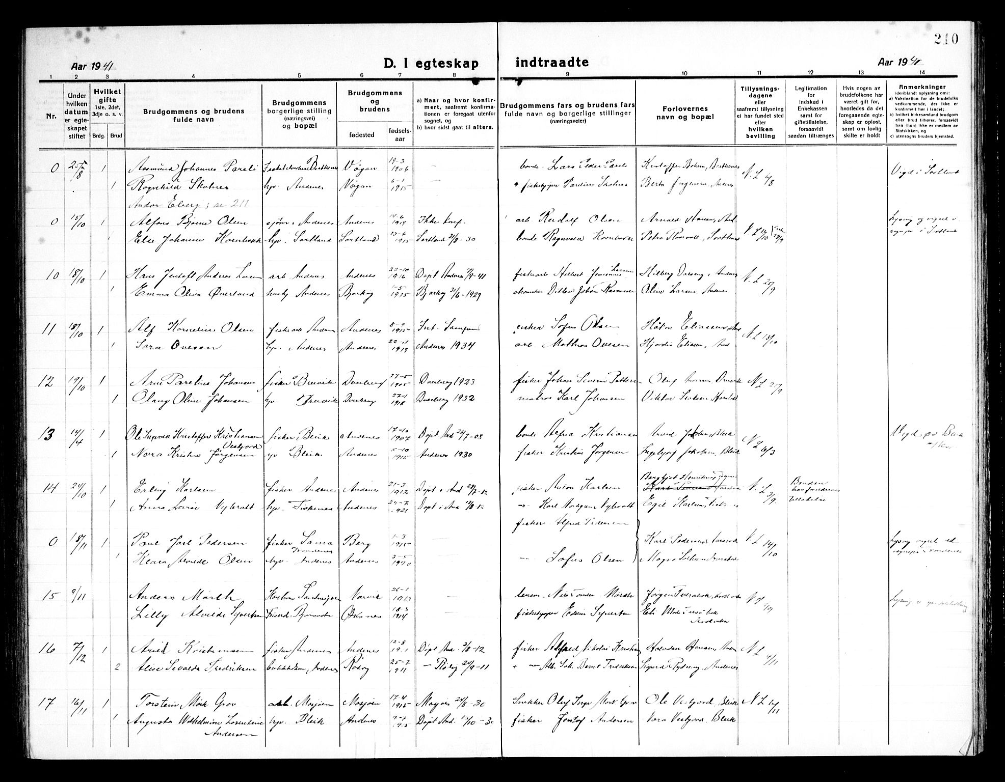 Ministerialprotokoller, klokkerbøker og fødselsregistre - Nordland, AV/SAT-A-1459/899/L1450: Parish register (copy) no. 899C05, 1918-1945, p. 210