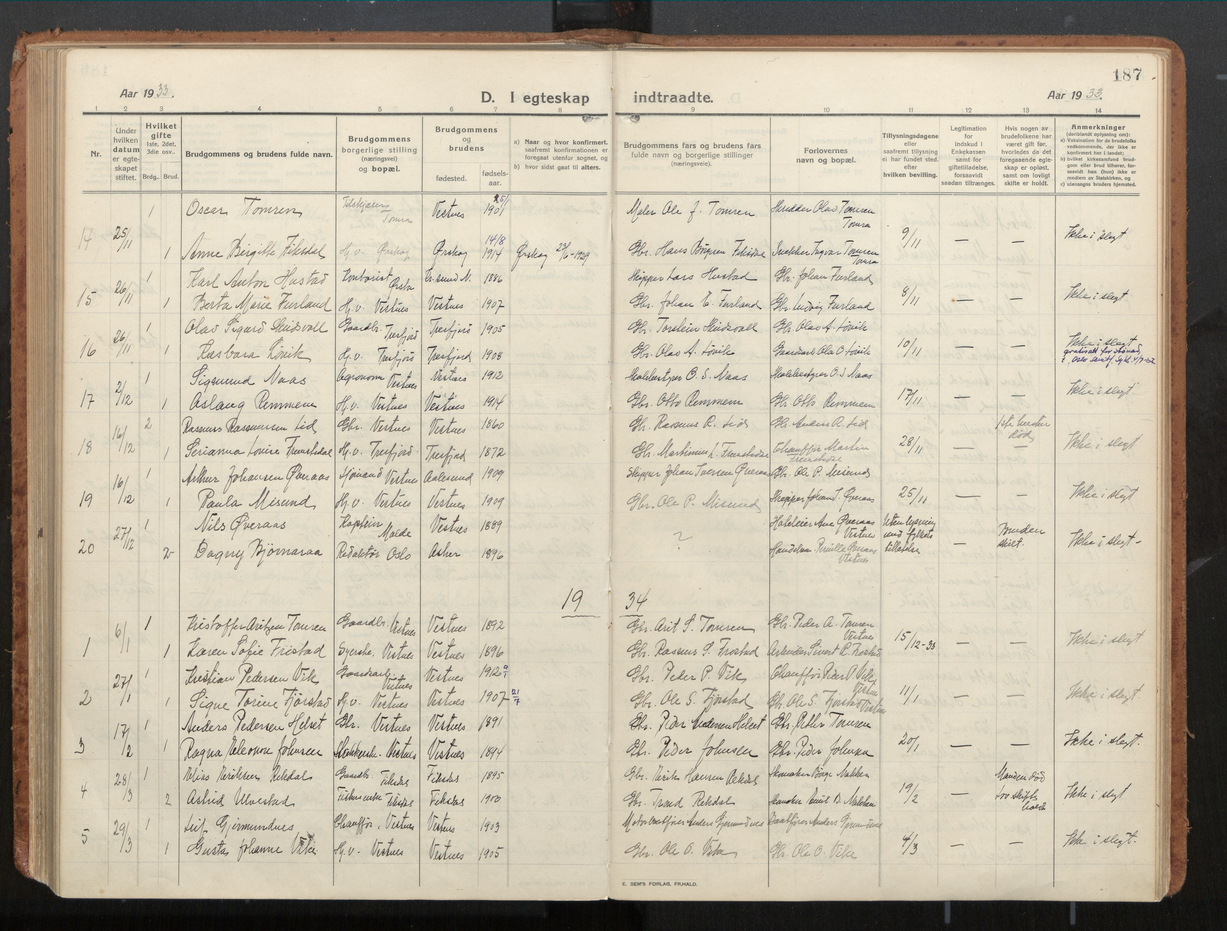 Ministerialprotokoller, klokkerbøker og fødselsregistre - Møre og Romsdal, AV/SAT-A-1454/539/L0534a: Parish register (official) no. 539A08, 1912-1935, p. 187