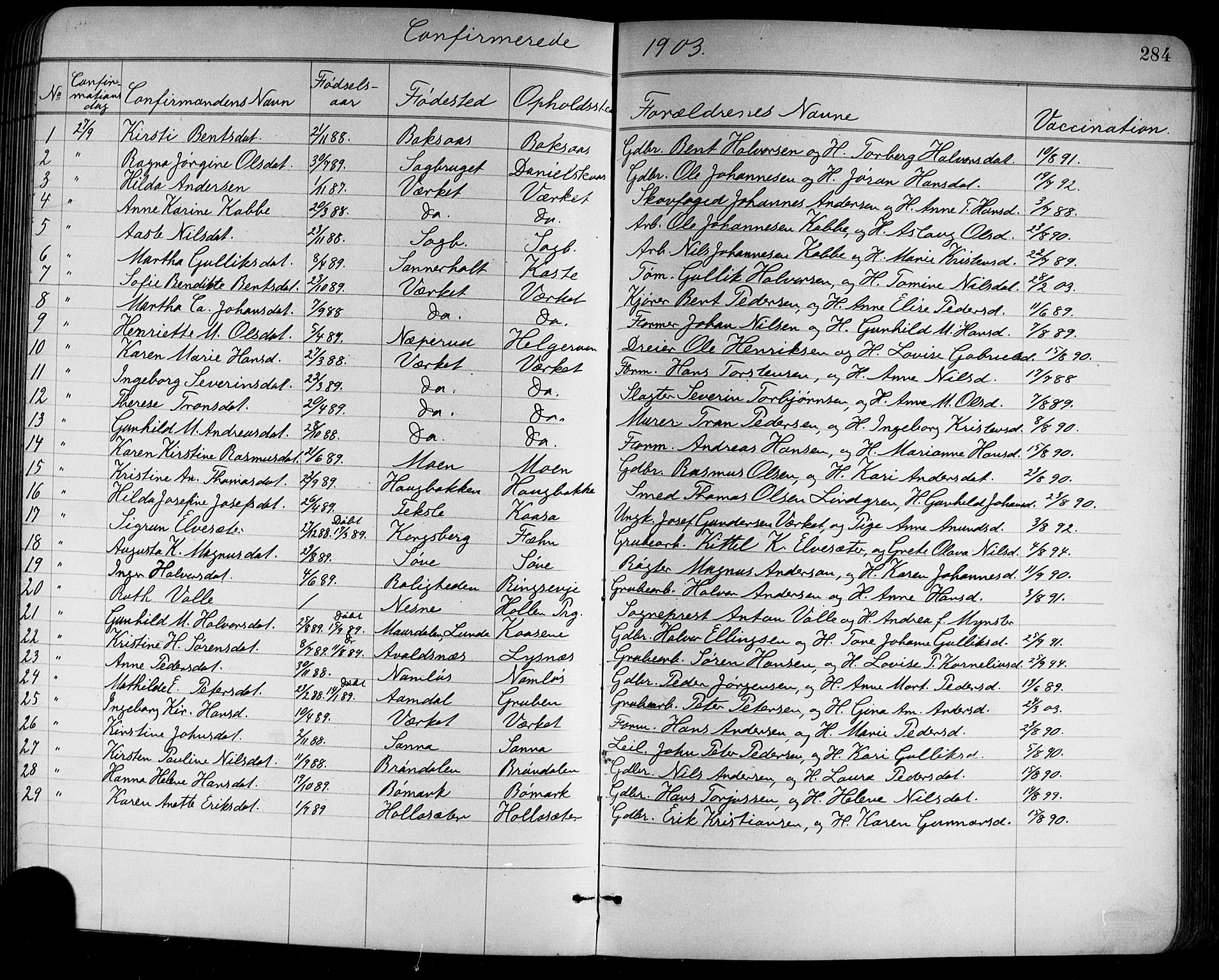 Holla kirkebøker, SAKO/A-272/G/Ga/L0005: Parish register (copy) no. I 5, 1891-1917, p. 284