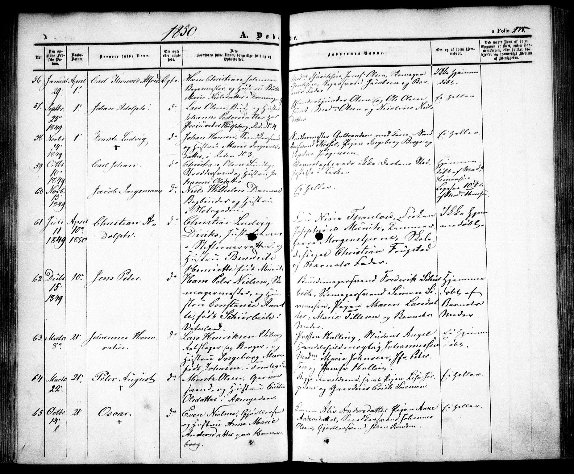 Oslo domkirke Kirkebøker, SAO/A-10752/F/Fa/L0013: Parish register (official) no. 13, 1844-1864, p. 275