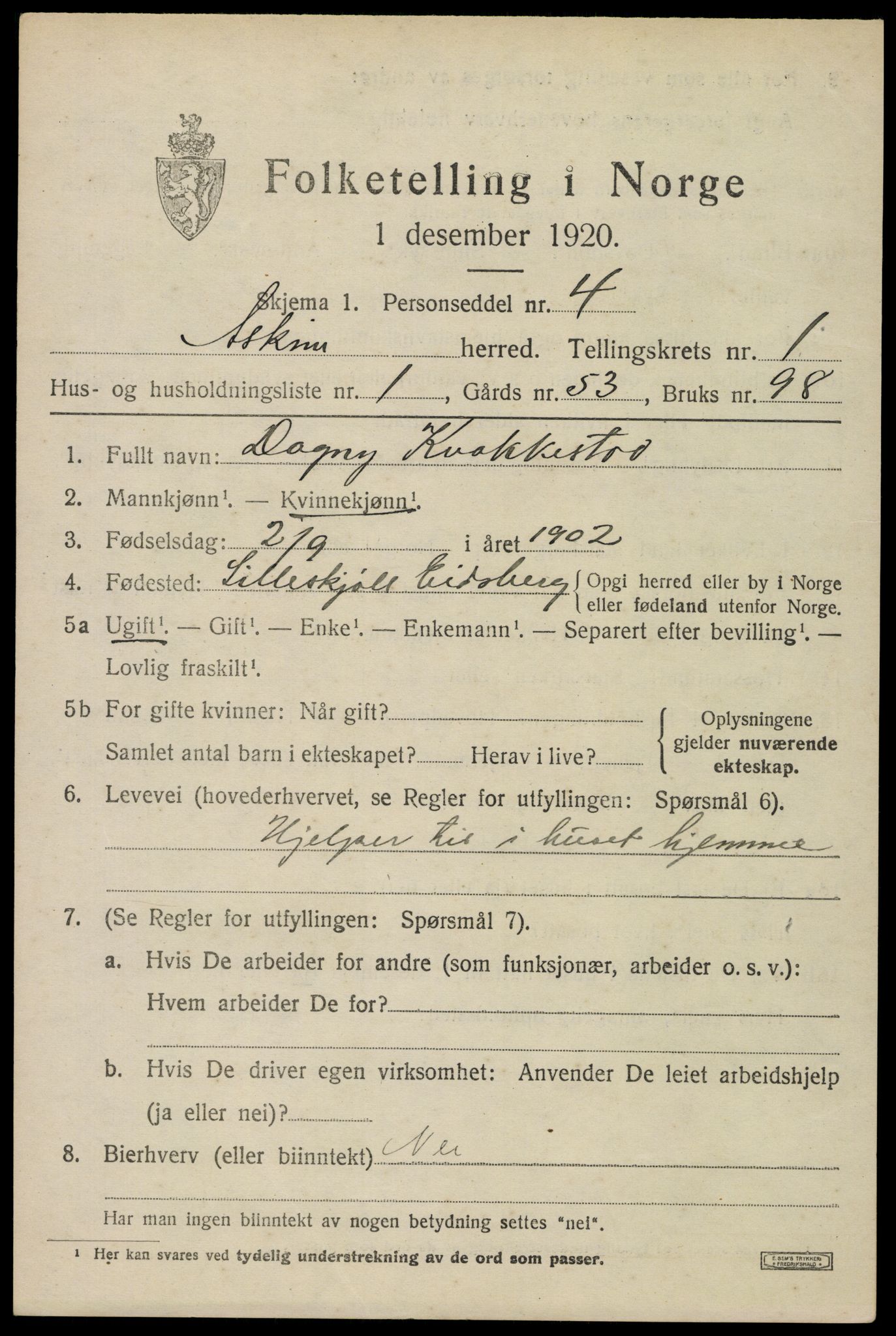 SAO, 1920 census for Askim, 1920, p. 1413