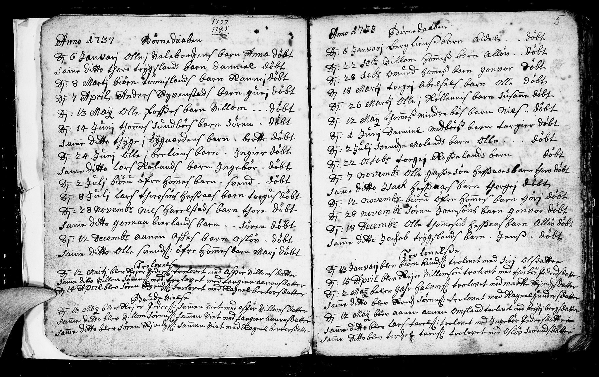 Bjelland sokneprestkontor, AV/SAK-1111-0005/F/Fb/Fba/L0001: Parish register (copy) no. B 1, 1727-1752, p. 5