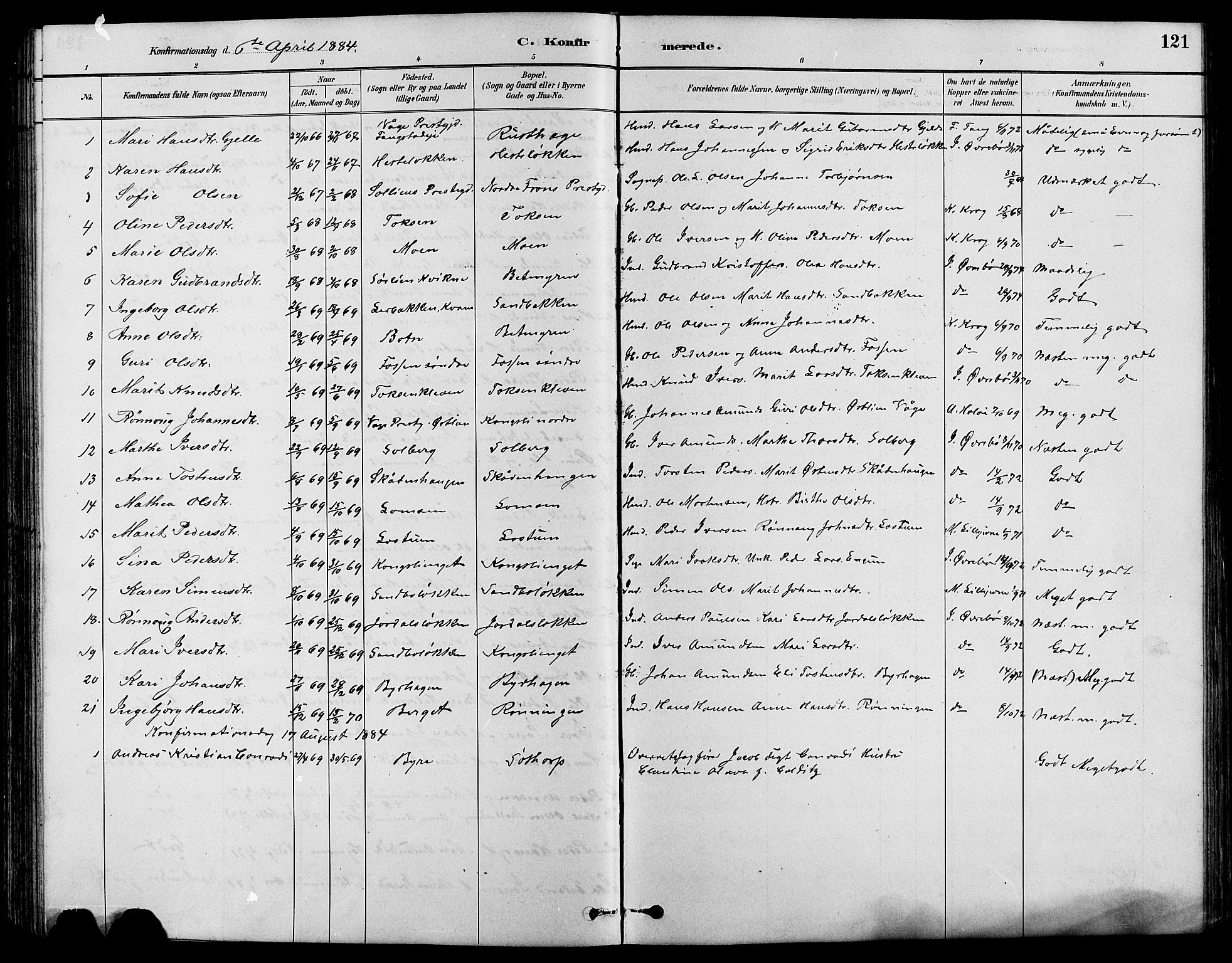 Nord-Fron prestekontor, SAH/PREST-080/H/Ha/Hab/L0004: Parish register (copy) no. 4, 1884-1914, p. 121