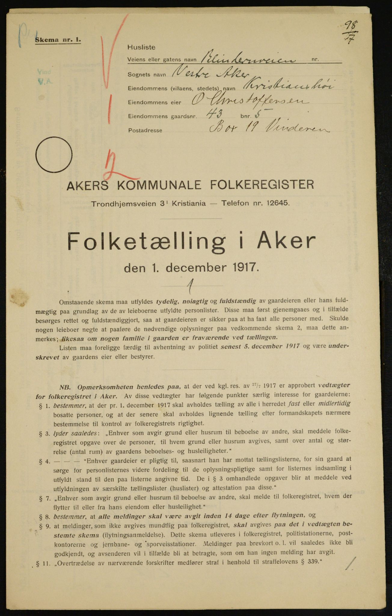 OBA, Municipal Census 1917 for Aker, 1917, p. 10383