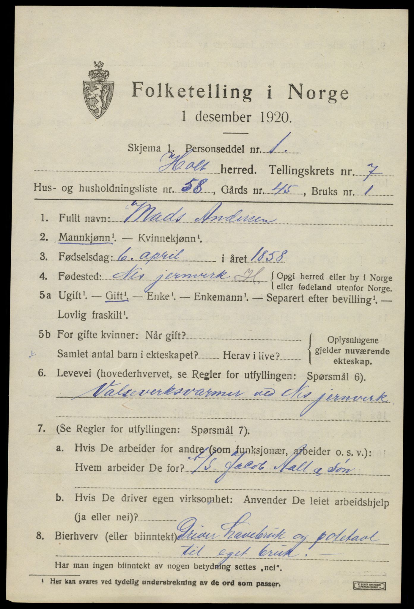 SAK, 1920 census for Holt, 1920, p. 4868