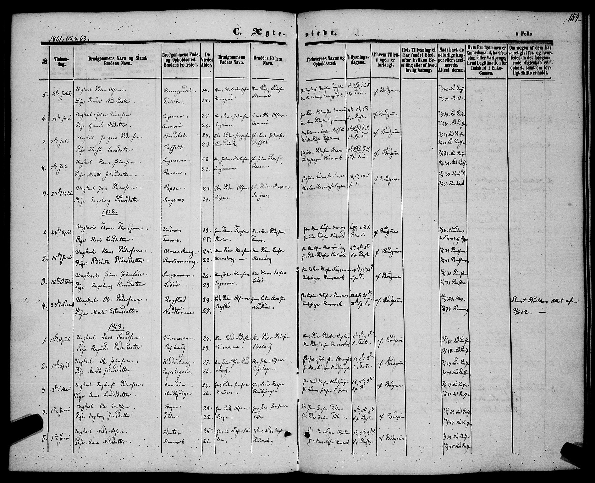 Ministerialprotokoller, klokkerbøker og fødselsregistre - Sør-Trøndelag, SAT/A-1456/685/L0967: Parish register (official) no. 685A07 /2, 1860-1869, p. 154
