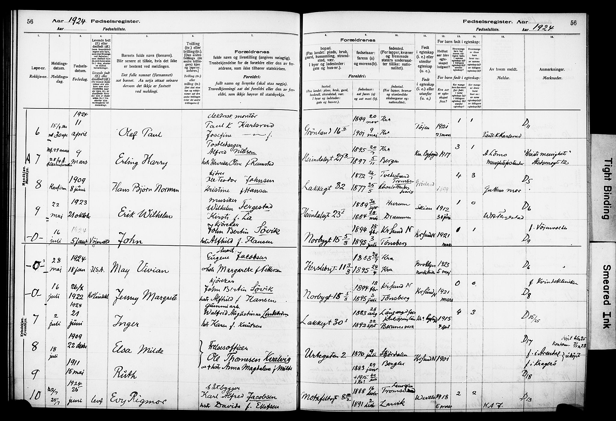 Wexel prestekontor Kirkebøker, AV/SAO-A-10879/J/L0001: Birth register no. 1, 1916-1930, p. 56