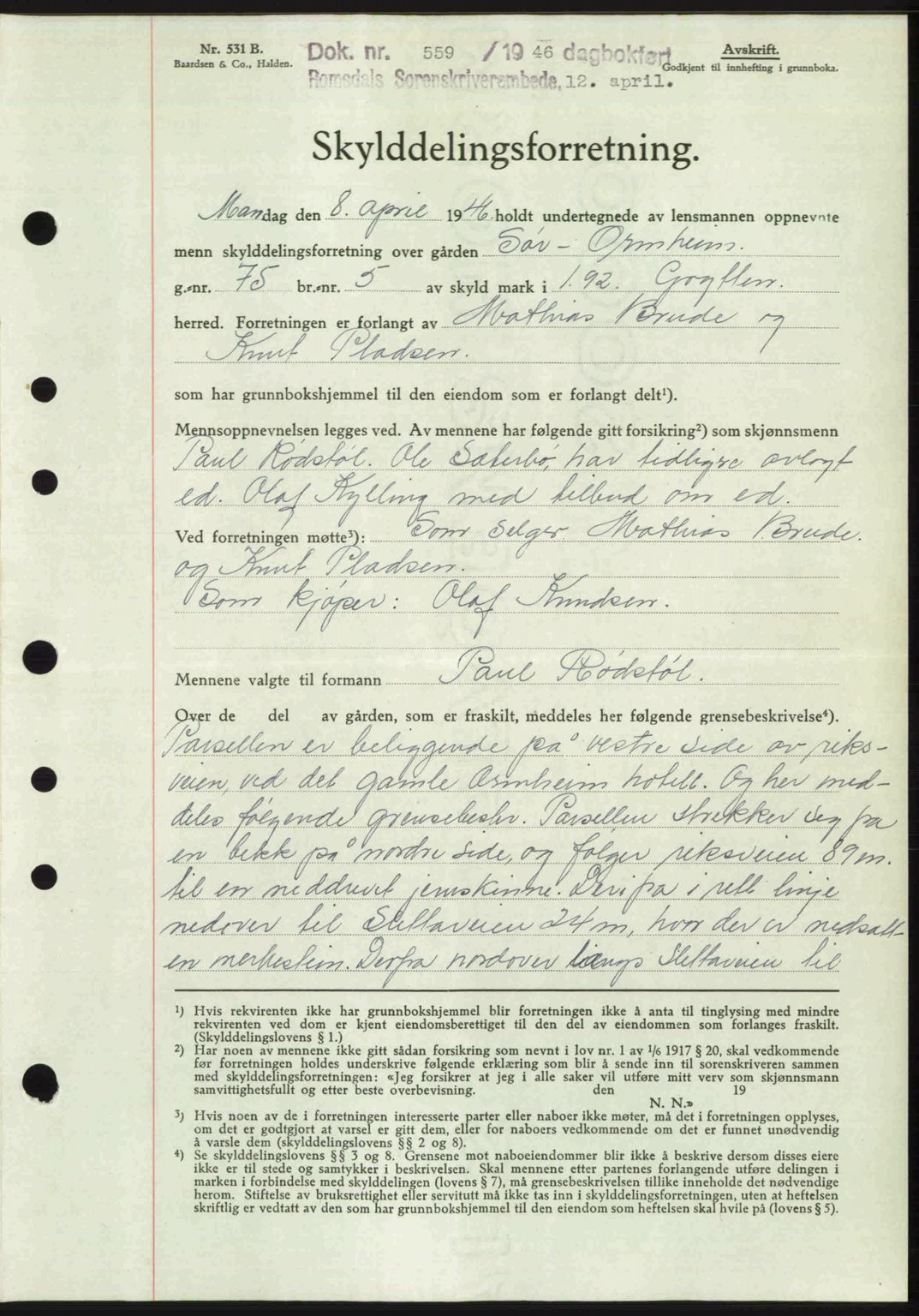 Romsdal sorenskriveri, SAT/A-4149/1/2/2C: Mortgage book no. A19, 1946-1946, Diary no: : 559/1946