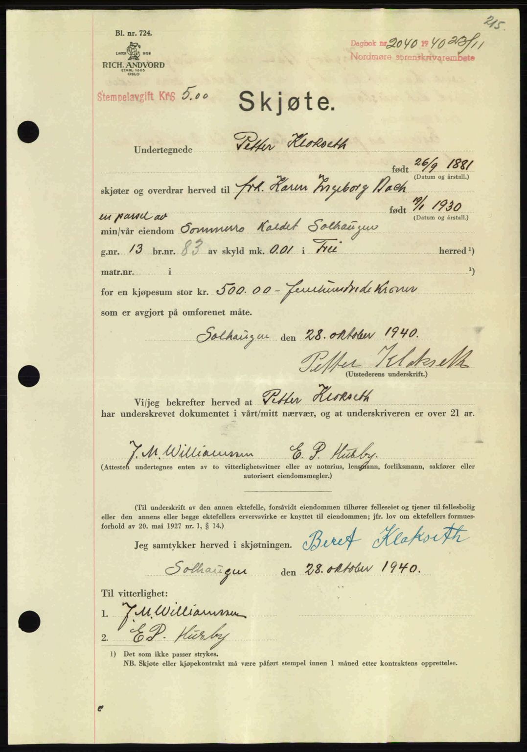 Nordmøre sorenskriveri, SAT/A-4132/1/2/2Ca: Mortgage book no. A89, 1940-1941, Diary no: : 2040/1940