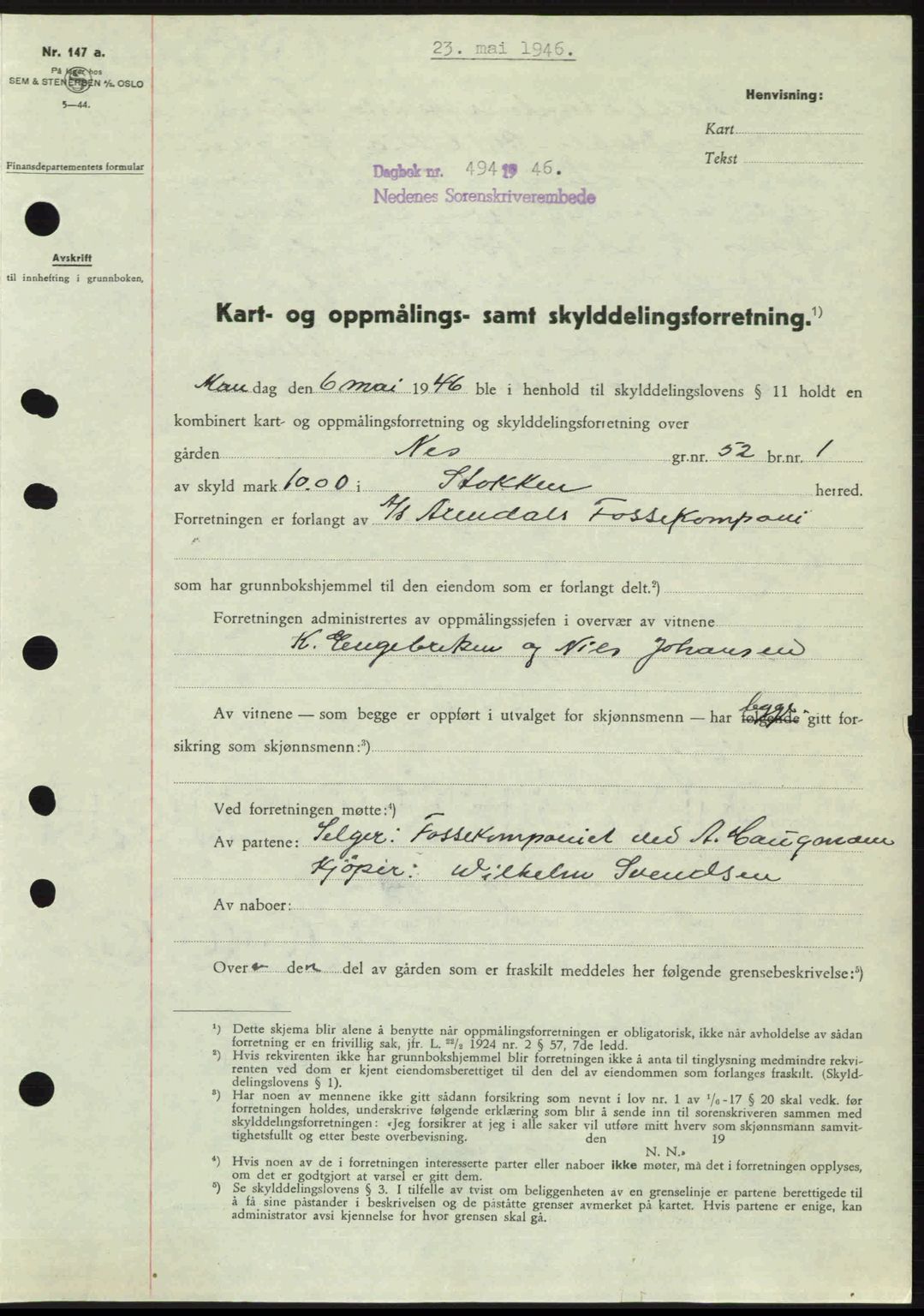 Nedenes sorenskriveri, AV/SAK-1221-0006/G/Gb/Gba/L0054: Mortgage book no. A6c, 1946-1946, Diary no: : 494/1946