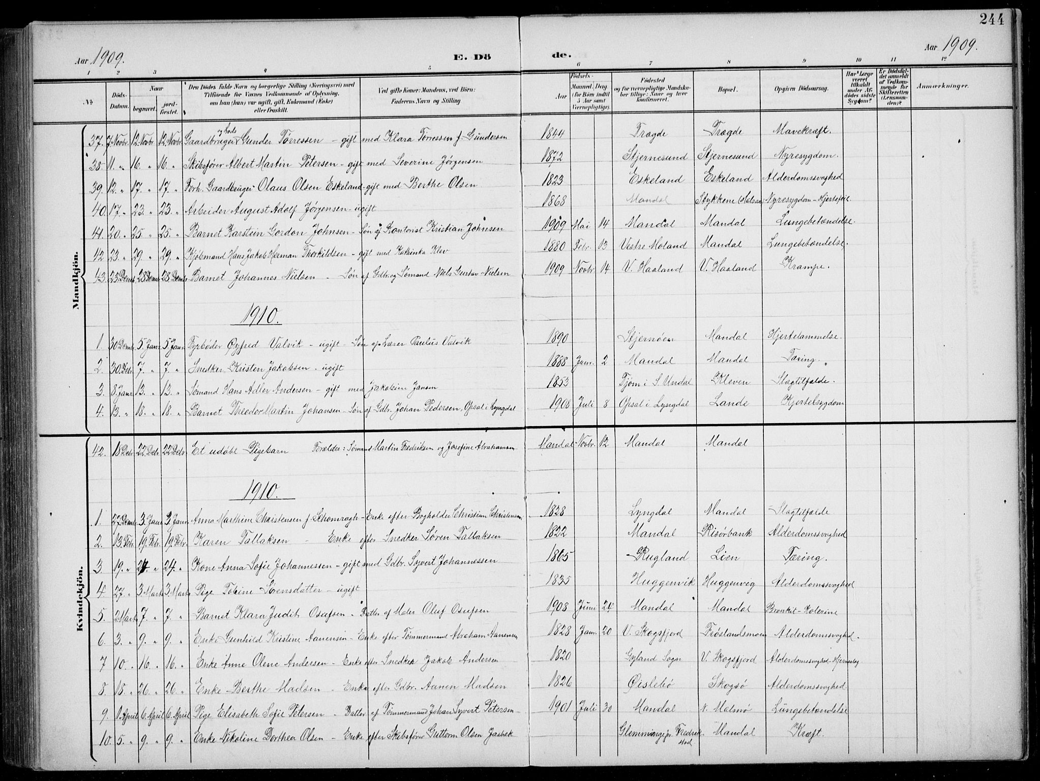 Mandal sokneprestkontor, SAK/1111-0030/F/Fb/Fba/L0012: Parish register (copy) no. B 6, 1899-1918, p. 244