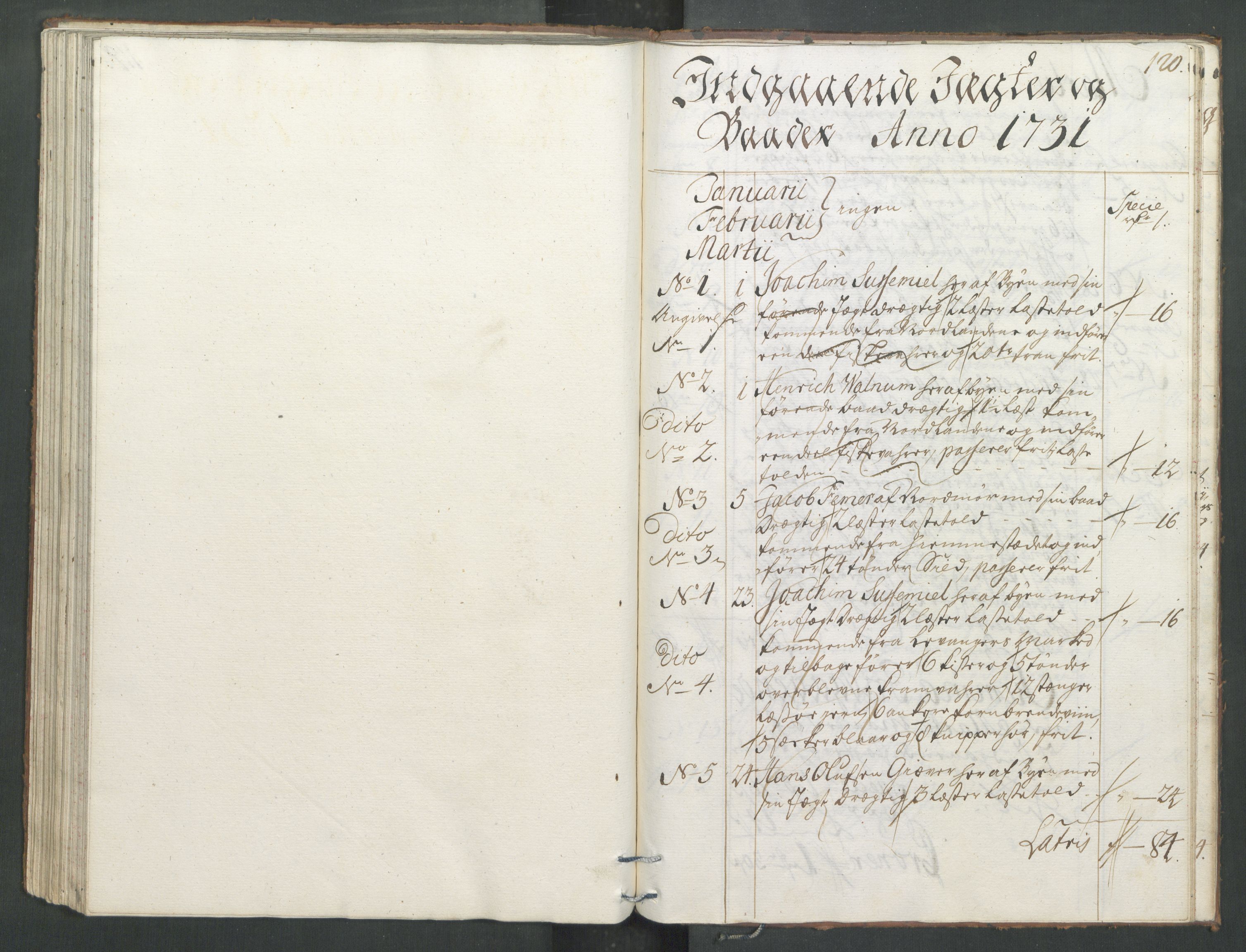 Generaltollkammeret, tollregnskaper, RA/EA-5490/R33/L0013/0001: Tollregnskaper Trondheim A / Inngående tollbok, 1731, p. 119b-120a