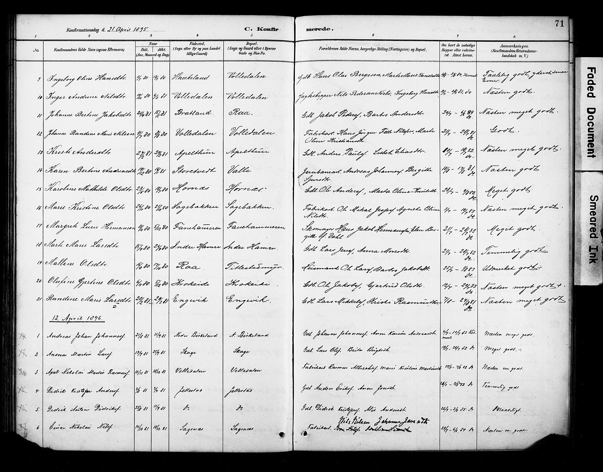 Fana Sokneprestembete, SAB/A-75101/H/Haa/Haab/L0002: Parish register (official) no. B 2, 1890-1897, p. 71